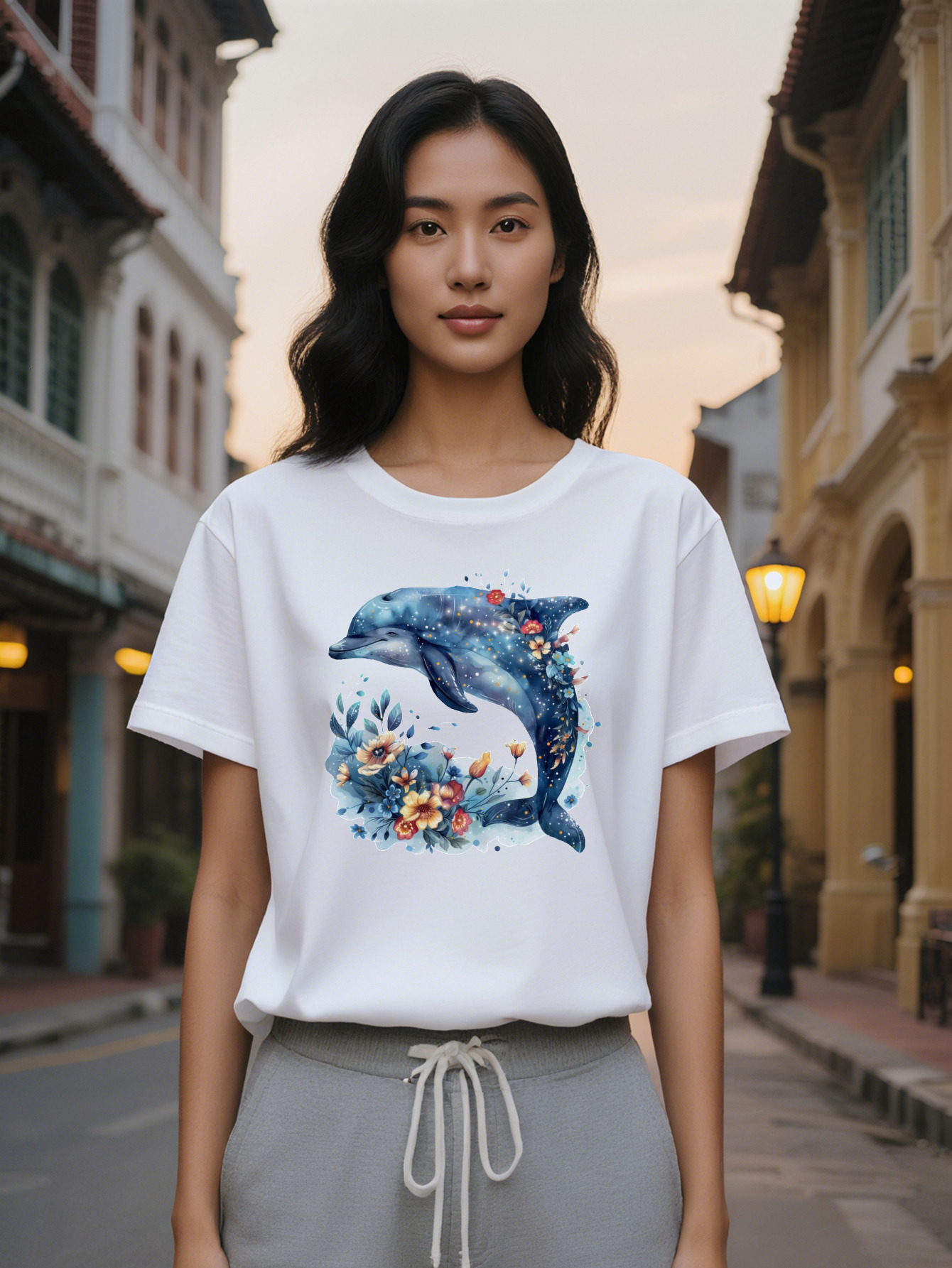 Lady Round Neck T-Shirt Vibrant Dolphin Floral Print High Washable Summer Fashion Top With Glossy Finish Ideal