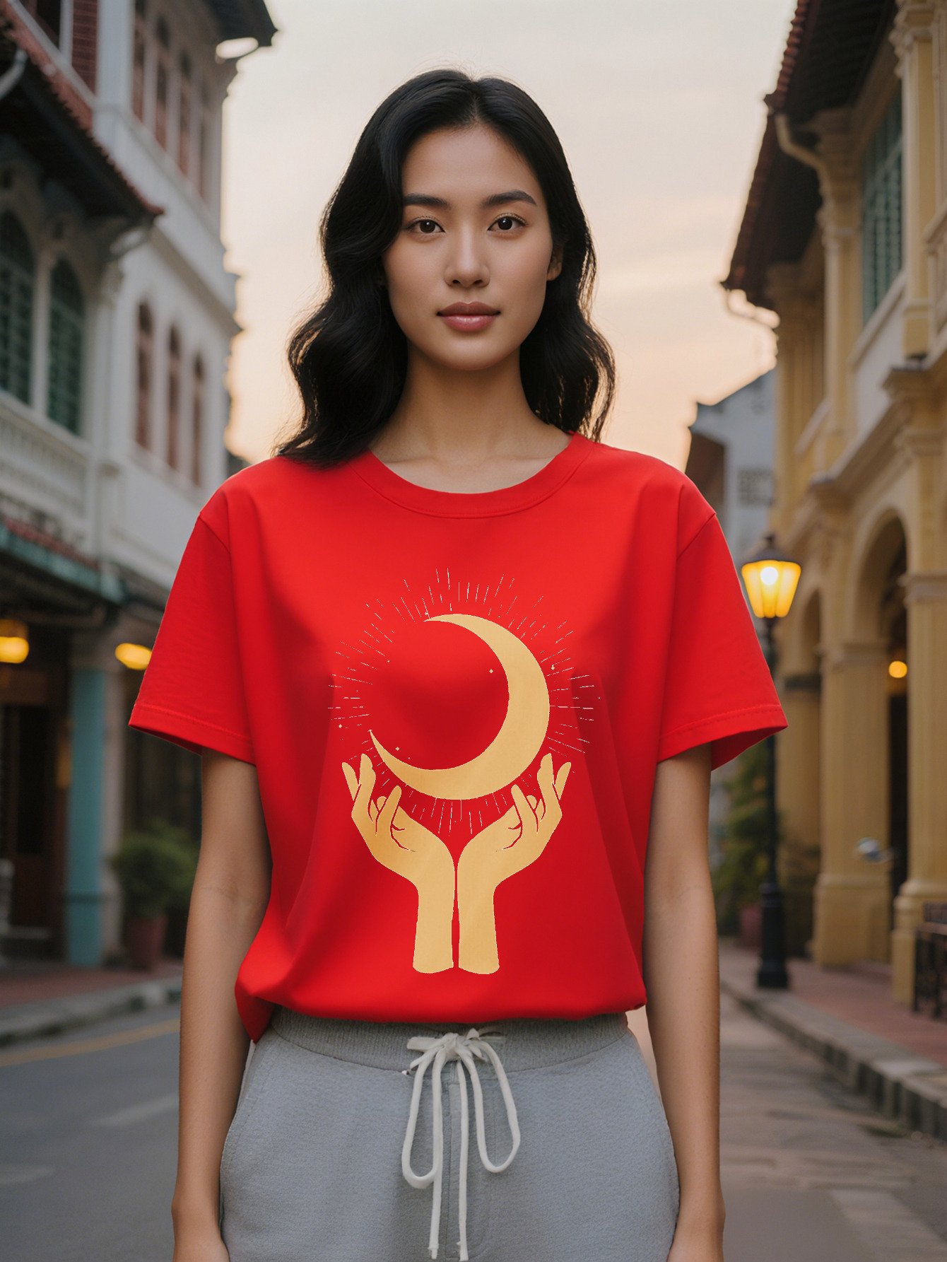 Large XL Women's Casual Crew Neck T-Shirt with Golden Moon and Hands Design Soft Fabric Summer Style Perfect Gift for Him Plus Size