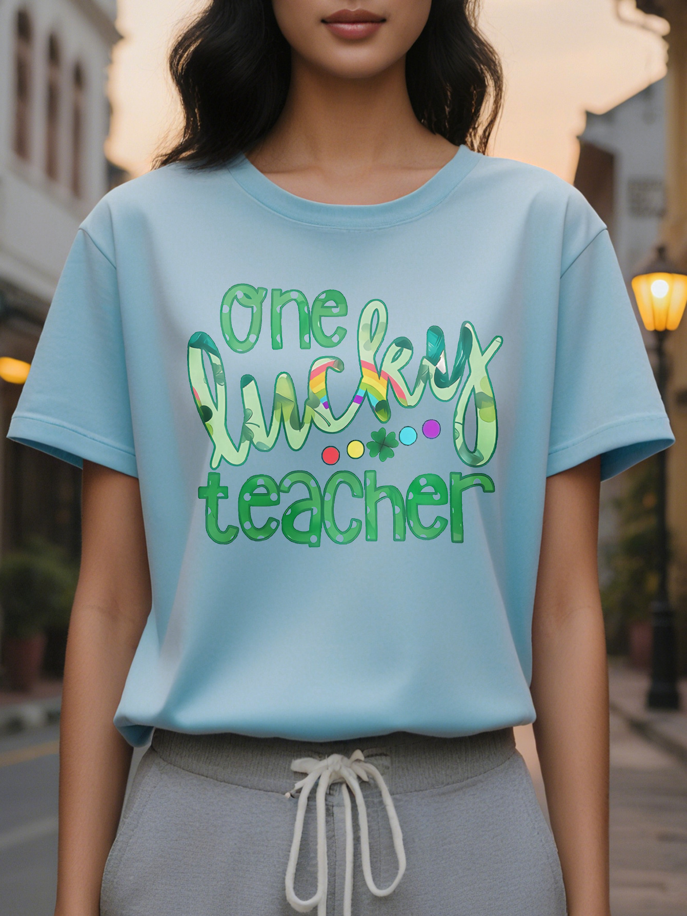 Lucky Pattern T-Shirt Women's Round Neck Short Sleeve Top White Color Letter Printing Summer and Spring Light