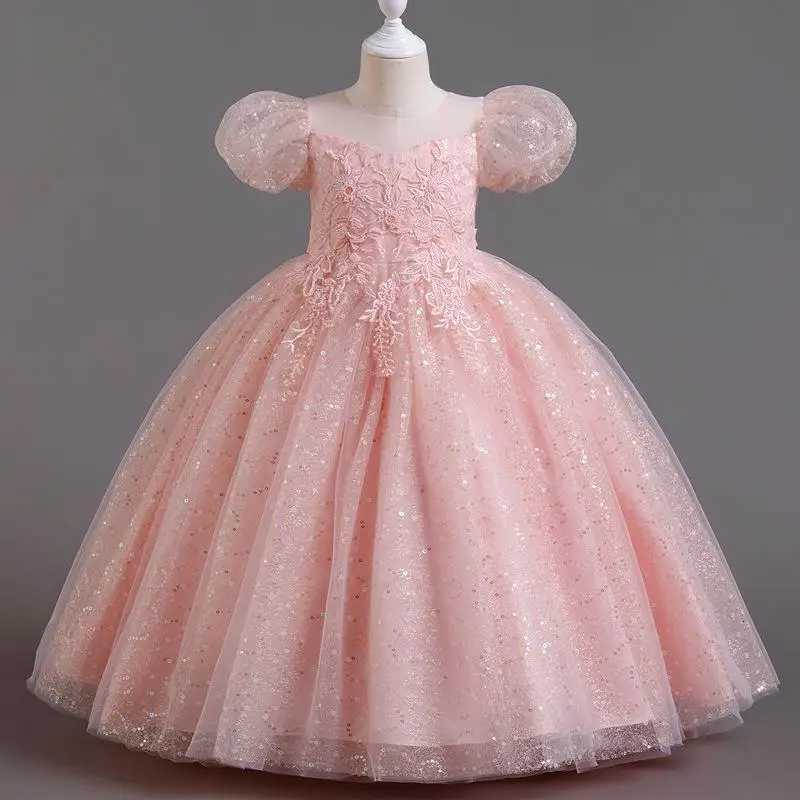 Youth Girls Summer New Sequin Sticker Bubble Sleeve Long Mesh Fluffy Skirt Piano Competition School Graduation Ceremony Dress Z250904