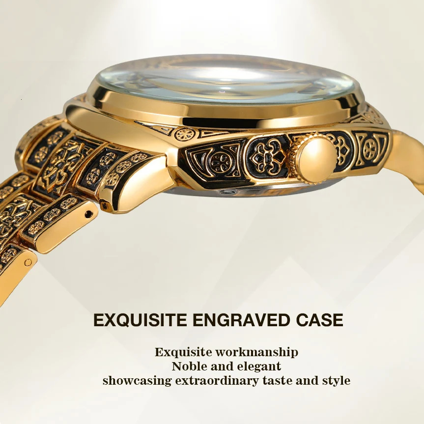 FORSINING Gold Skeleton Mechanical Men Watch Automatic Movement Clock Stainless Steel Strip Male Bronze Wrist Watches 250903