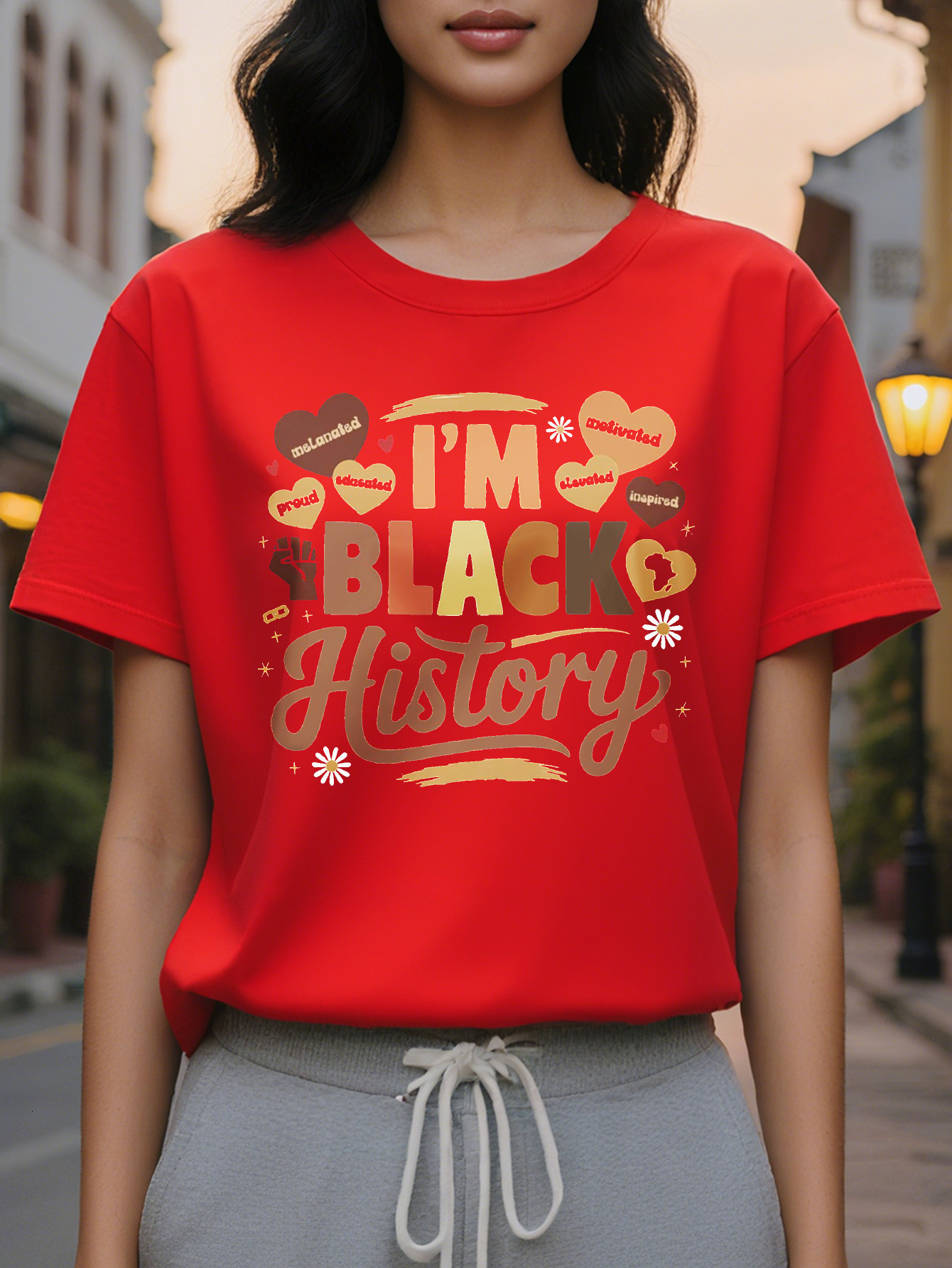 Women's Historic T-Shirt Short Sleeve Crew Neck Casual Top with I'm Black History Design Vibrant Illustrations