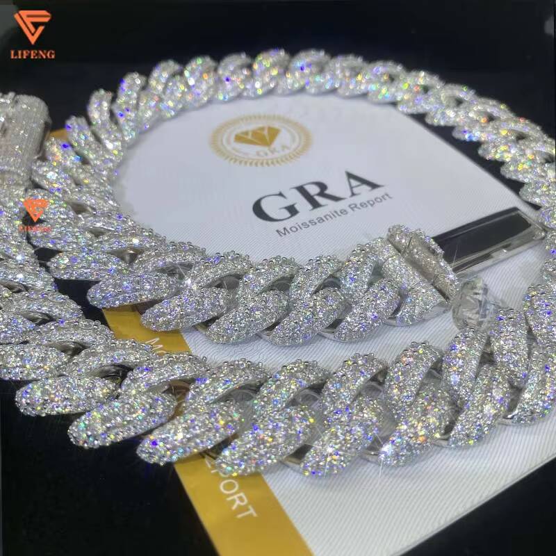 Custom Two Tone 18mm Big Stone Moissanite Cuban Chain S925 Silver Ice Out Necklace Man Moissanite Hiphop Cuban Link Chain