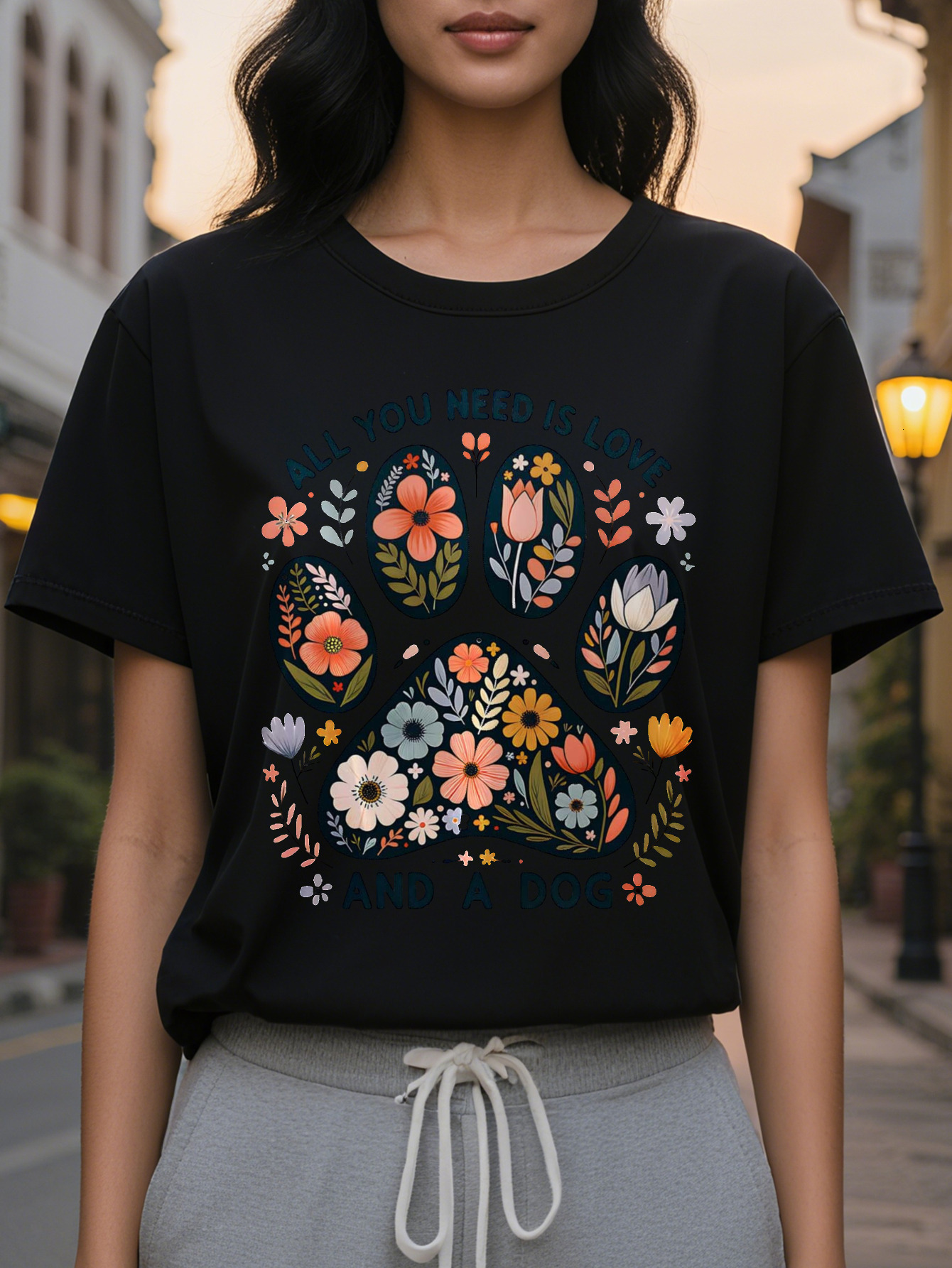 Women's Funny Pet Lover All You Need Love and Pattern T-Shirt White Shirt with Floral Paw Print Lightweight