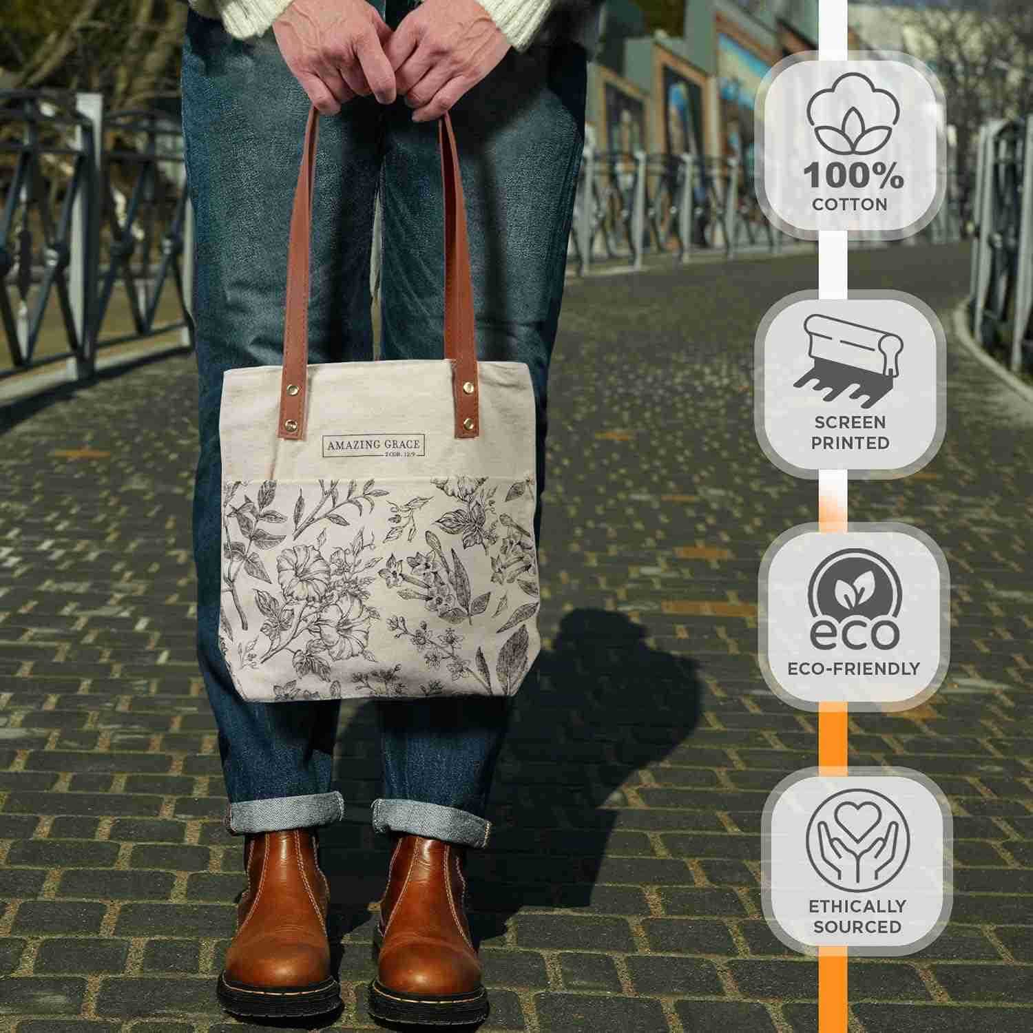 Tote Bag for Women Amazing Grace Inspirational Scripture for Shopping Supplies Books Accessories Vegan Leather Pocket Zippered CW250904