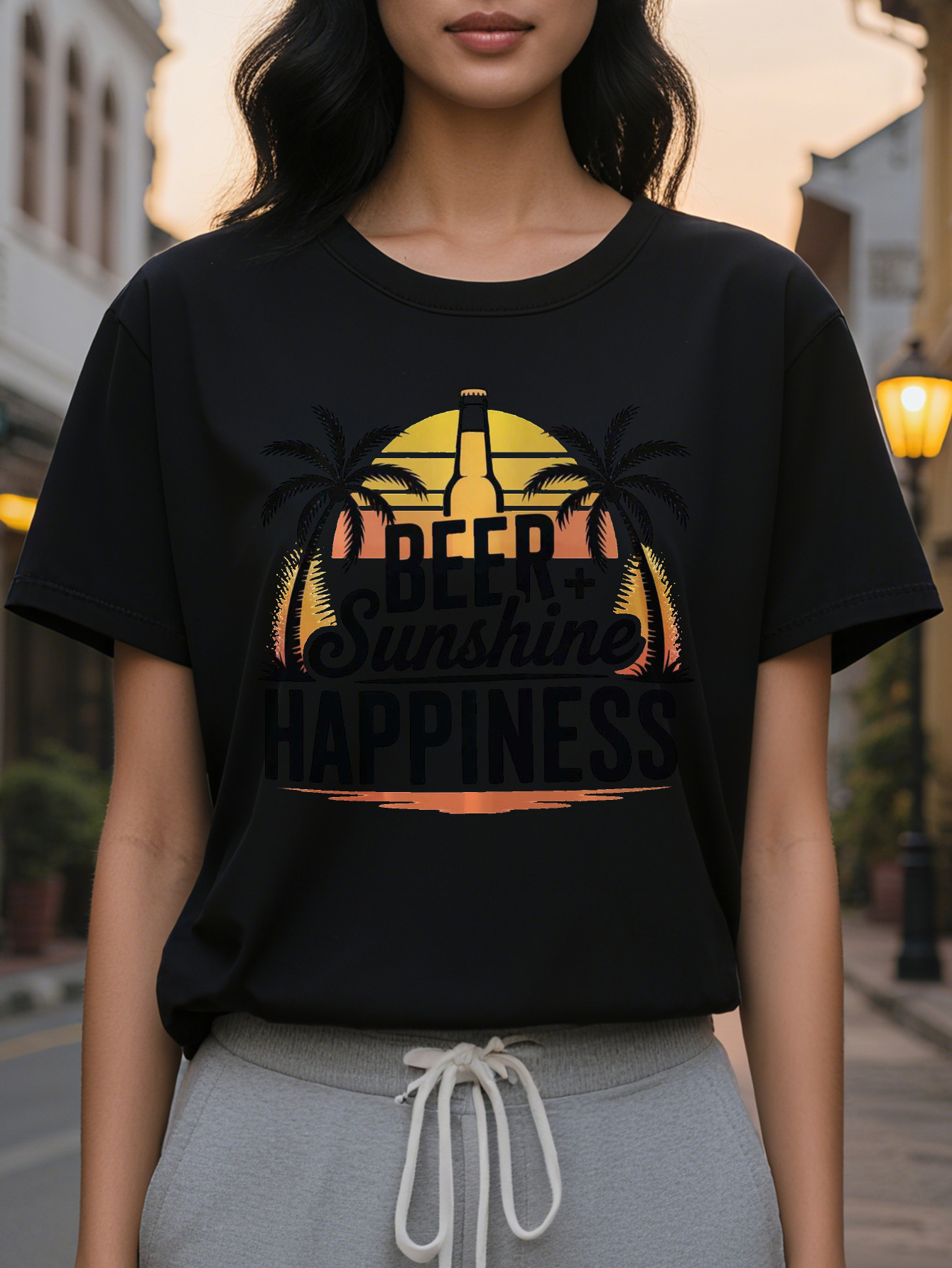 Scoop Neck Cotton Blend Yellow Beach XL XXL Ladies' Female Shirt