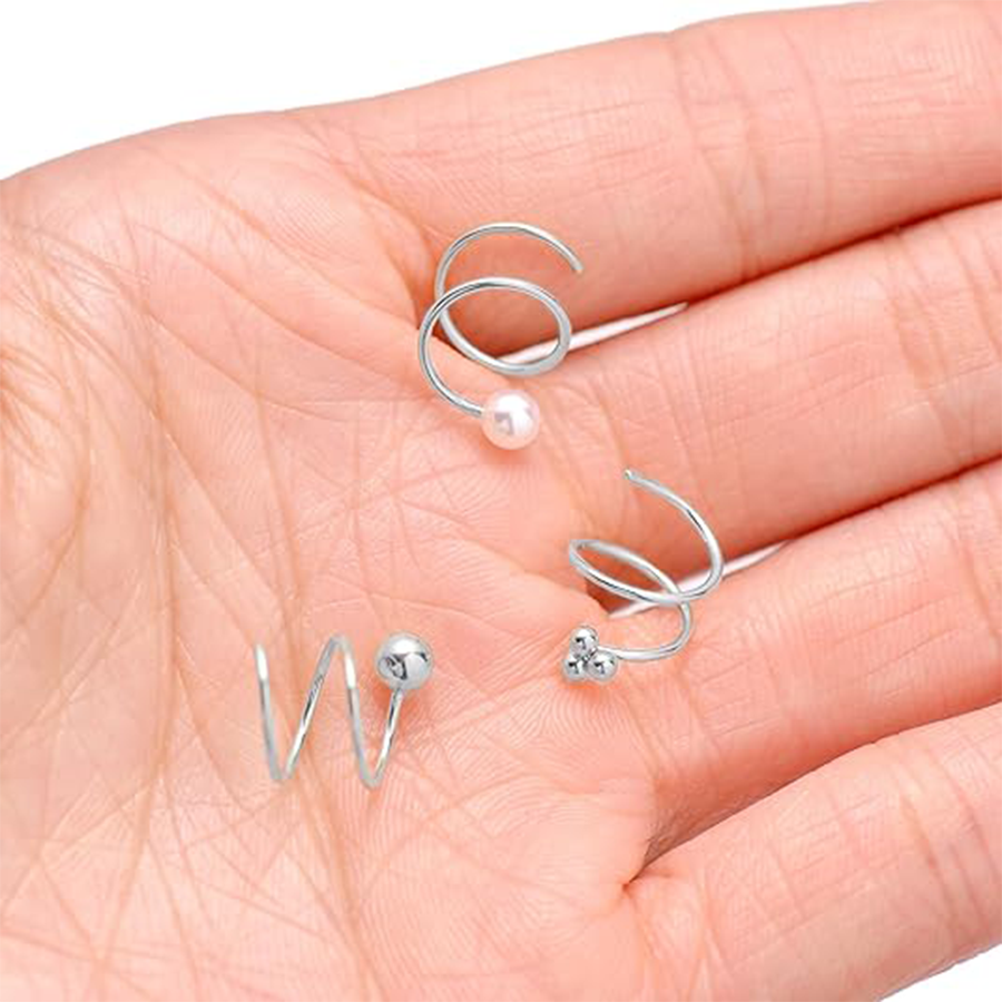 16Pcs Double Nose Ring Hoop for Single Piercing Butterfly Lightning Pearl Ball Snake Shiny CZ Twisted Double Hoop Earring for Women 20G Silver Tone