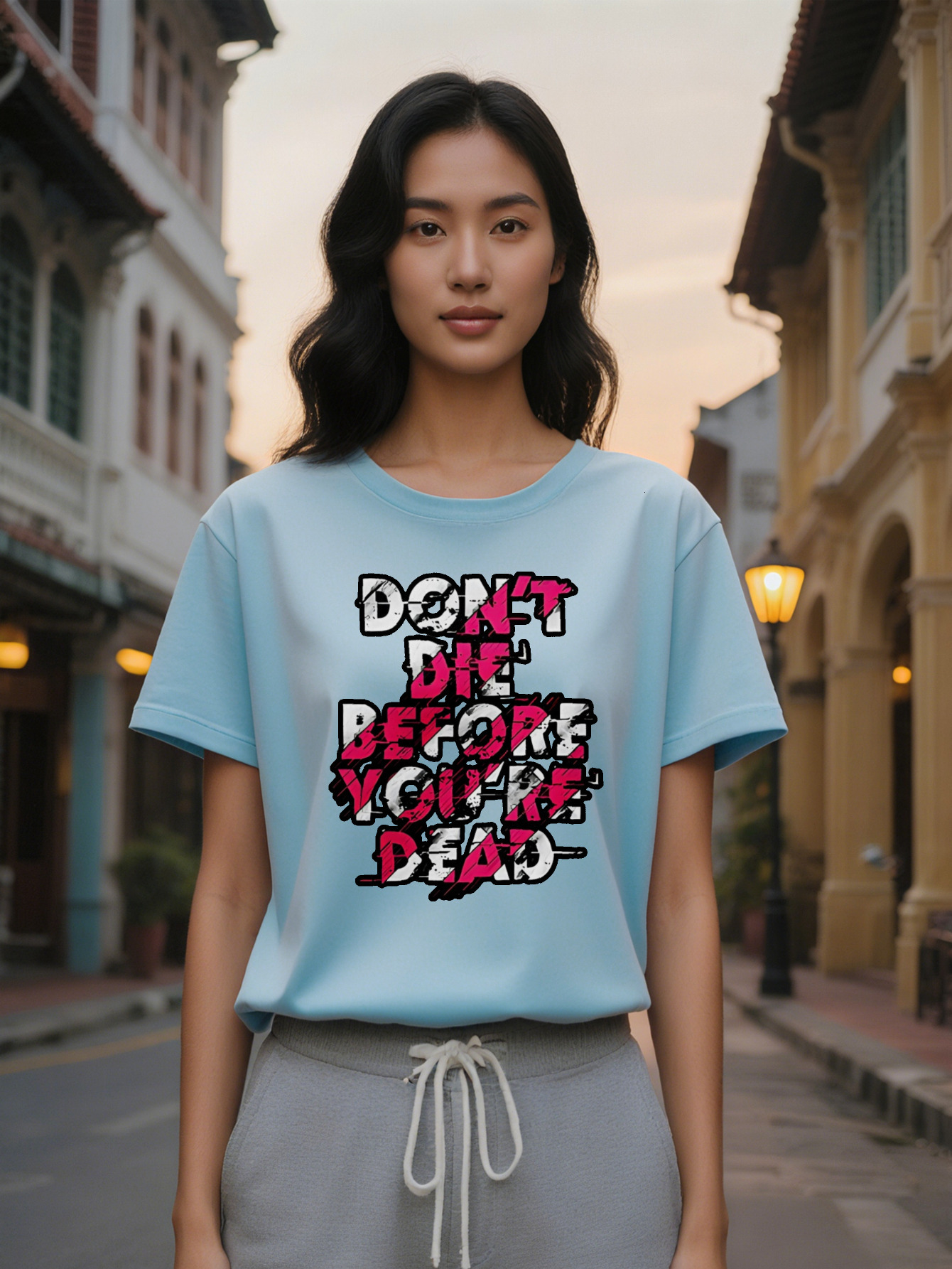 Large XL Casual Crew Neck T-Shirt Black with Bold Pink White Letter Print Don't Die Before You're Dead Design Lightweight Plus Size