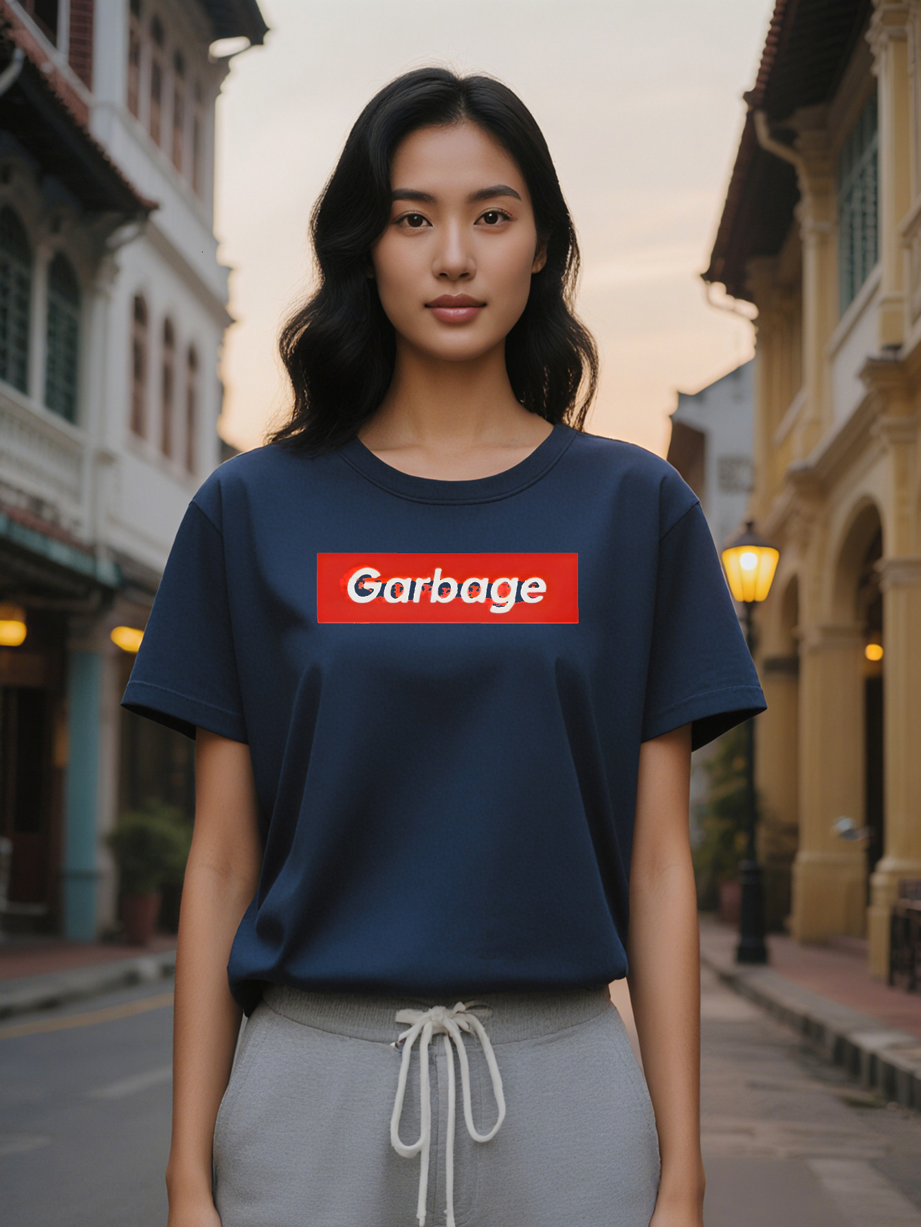 Large XL Casual Crew Neck T-Shirt with Red Garbage Print on Black Background Lightweight Summer Tee Perfect Gift for Women Plus Size