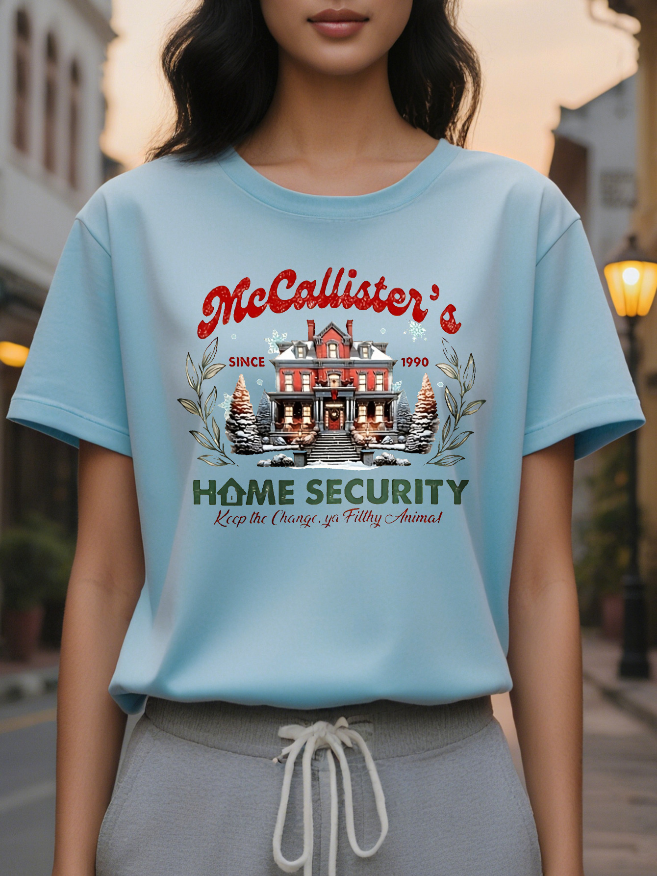 Women Cozy Crew Neck with Festive McCallister S Home Security Graphic Beige Holiday Themed Design Allseason