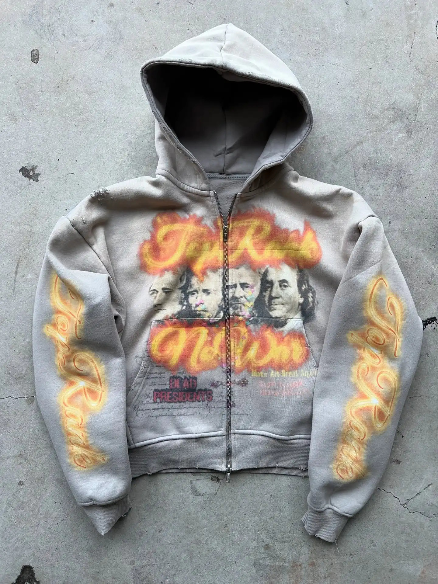 Y2K Gray Zip Hoodie Top Rank President Print Sweater Men Women Fashion Vintage Classic Hip Hop Streetwear Clothing Loose Jacket 250815