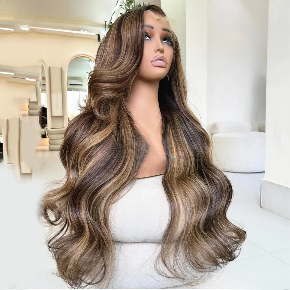 Natural Wavy Highlight Brown Blonde Human Hair Brazilian Body Wave Wig Glueless Human Hair Wear and Go Pre Plucked Bleached Lace 360 Human Hair Wig