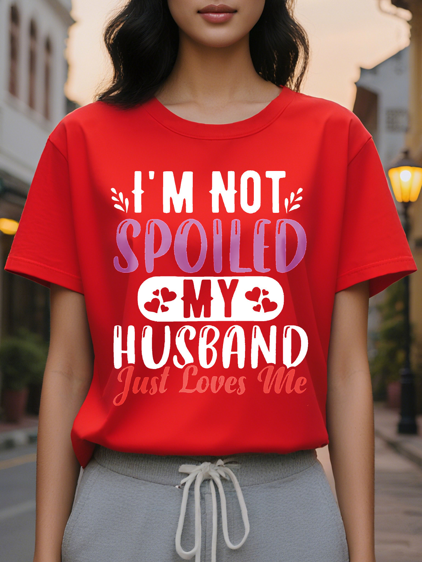 Large XL Women S V Neck T-Shirt I'm Not Spoiled My Husband Just Loves Me Graphic Print Short Sleeve SpringSummer Tee in Heather Plus Size