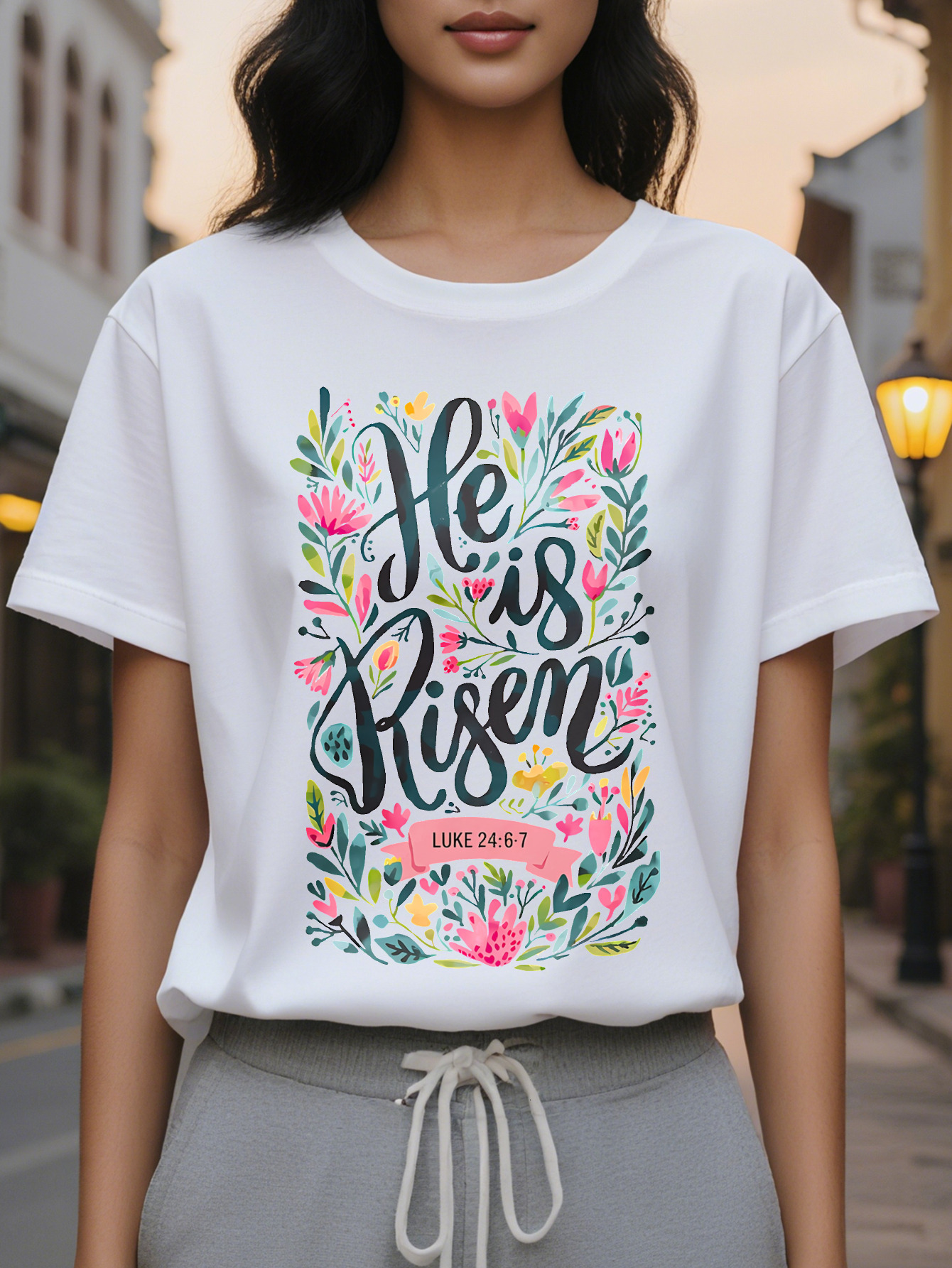 He Is Risen Easter Jesus Faith Bible Verse Luke Floral Print T-Shirt Pastel Pink Short Sleeve Crew Neck Top