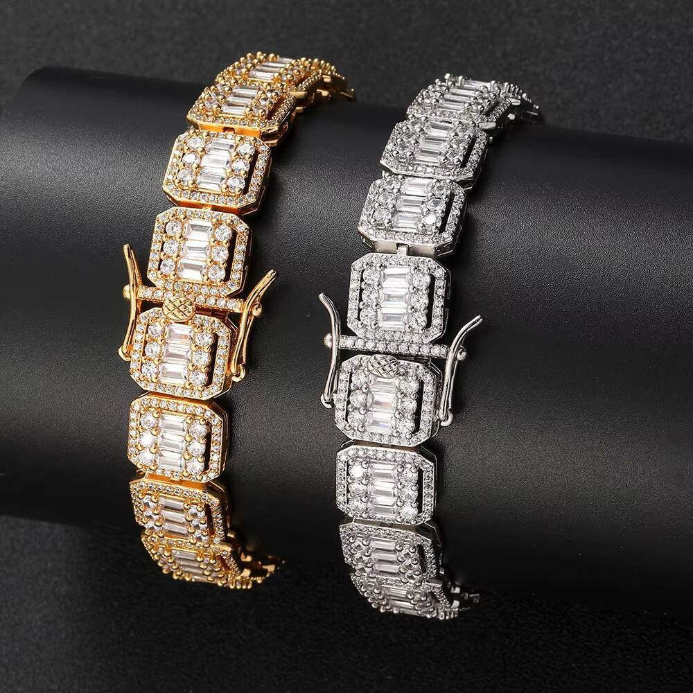 Nuoya 13mm Iced Out Tennis Bracelet Micro Pave Bling Baguette Moissanite Cluster Chain Hip Hop Jewelry For Women