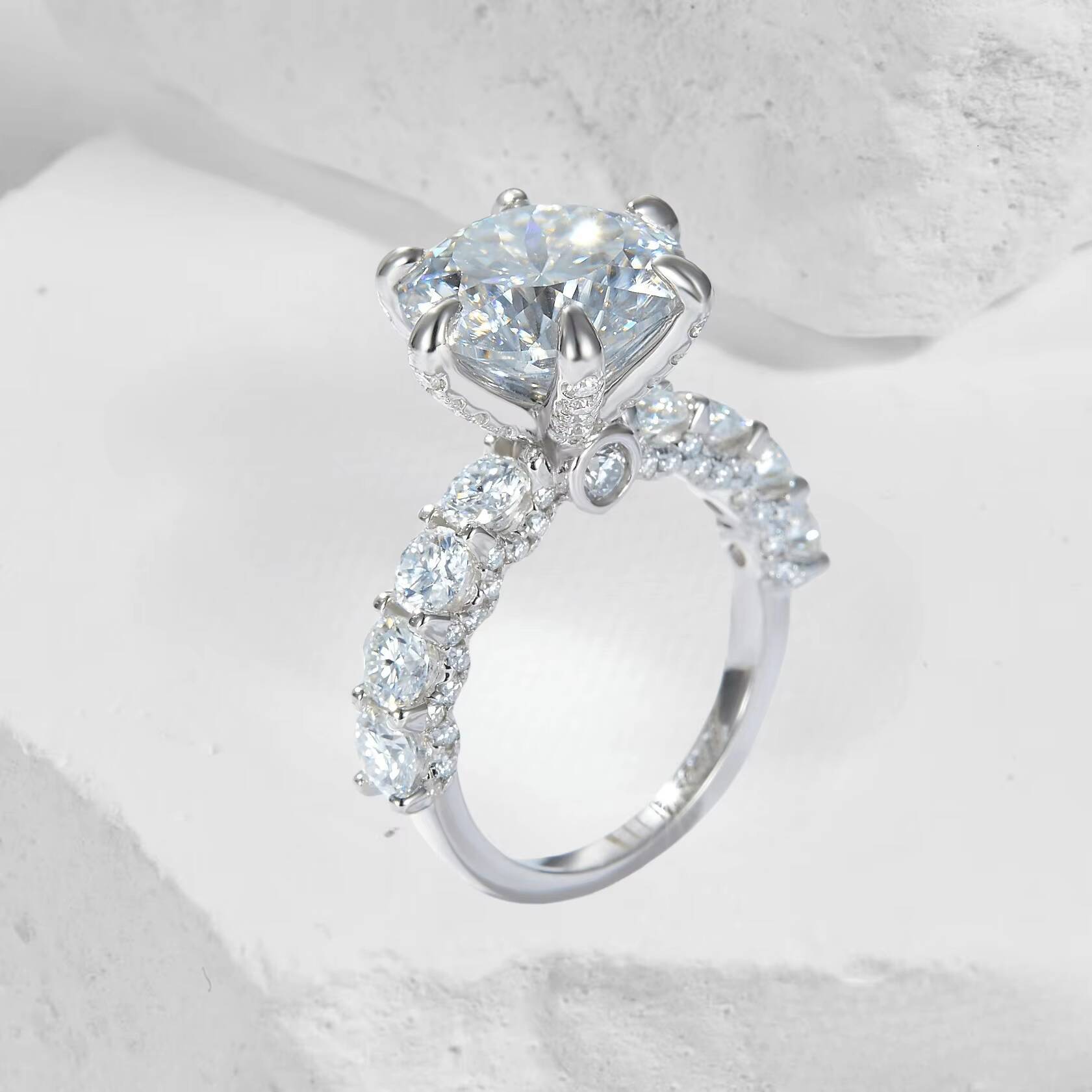 Real Big Moissanite Engagement Ring for Women 925 Sterling Silver with Rhodium Plating Fine Jewelry