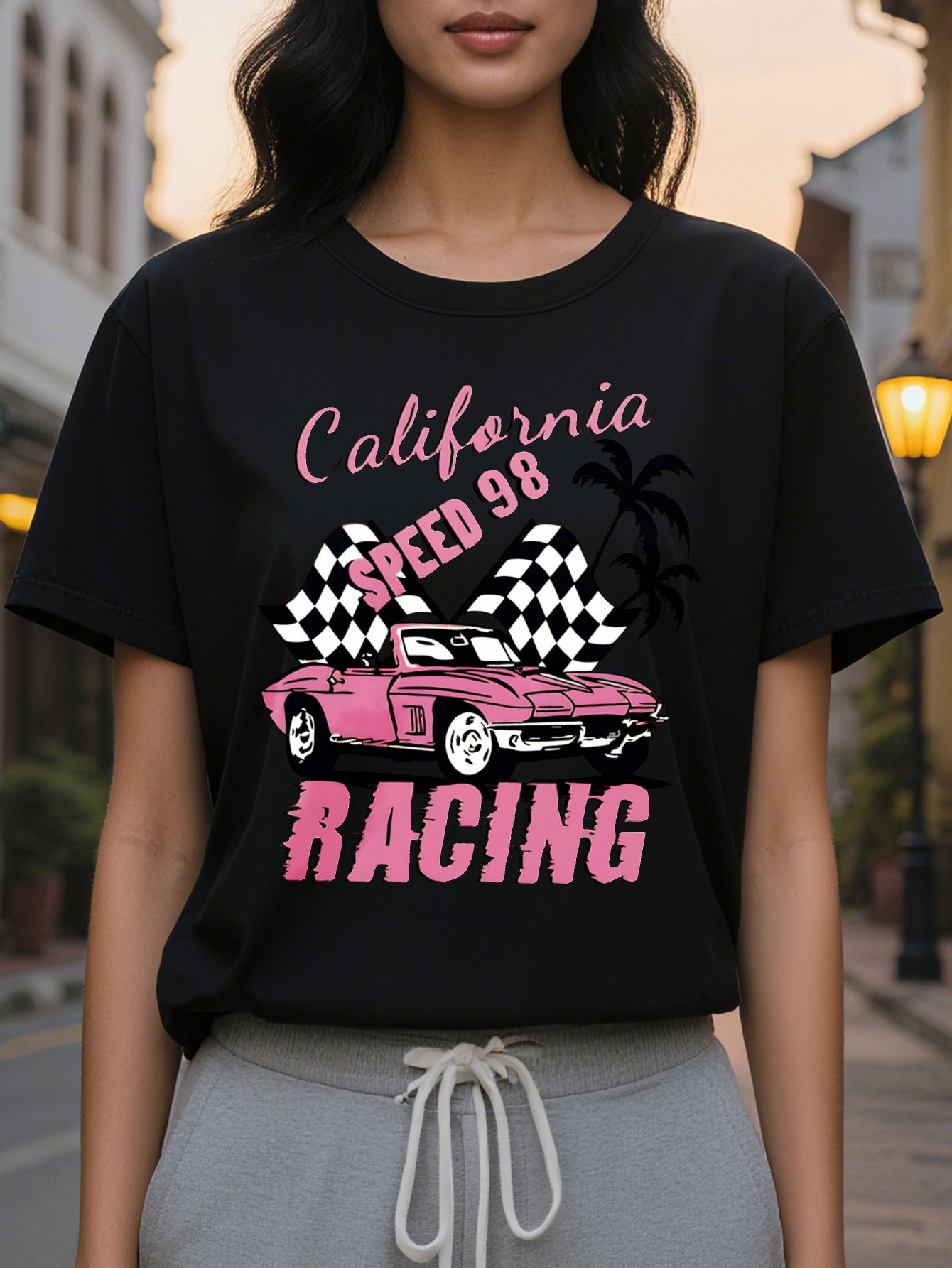 Large XL Women S Speed Graphic T-Shirt Crew Neck Short Sleeve Top with Palm Tree Design Pink Lightweight Summer Tee for Plus Size