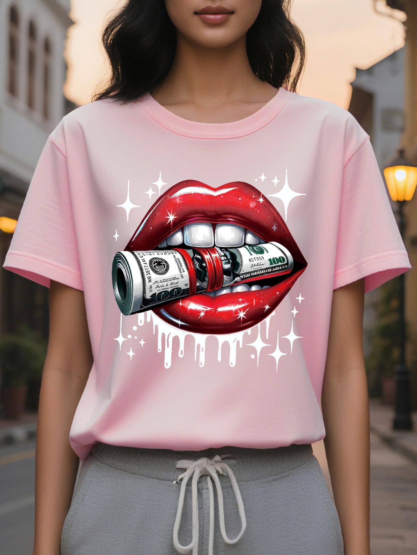 Red Lips Dollar Print T-shirt Casual Short Sleeve Crew Neck Top Stylish All Season Women's Clothing