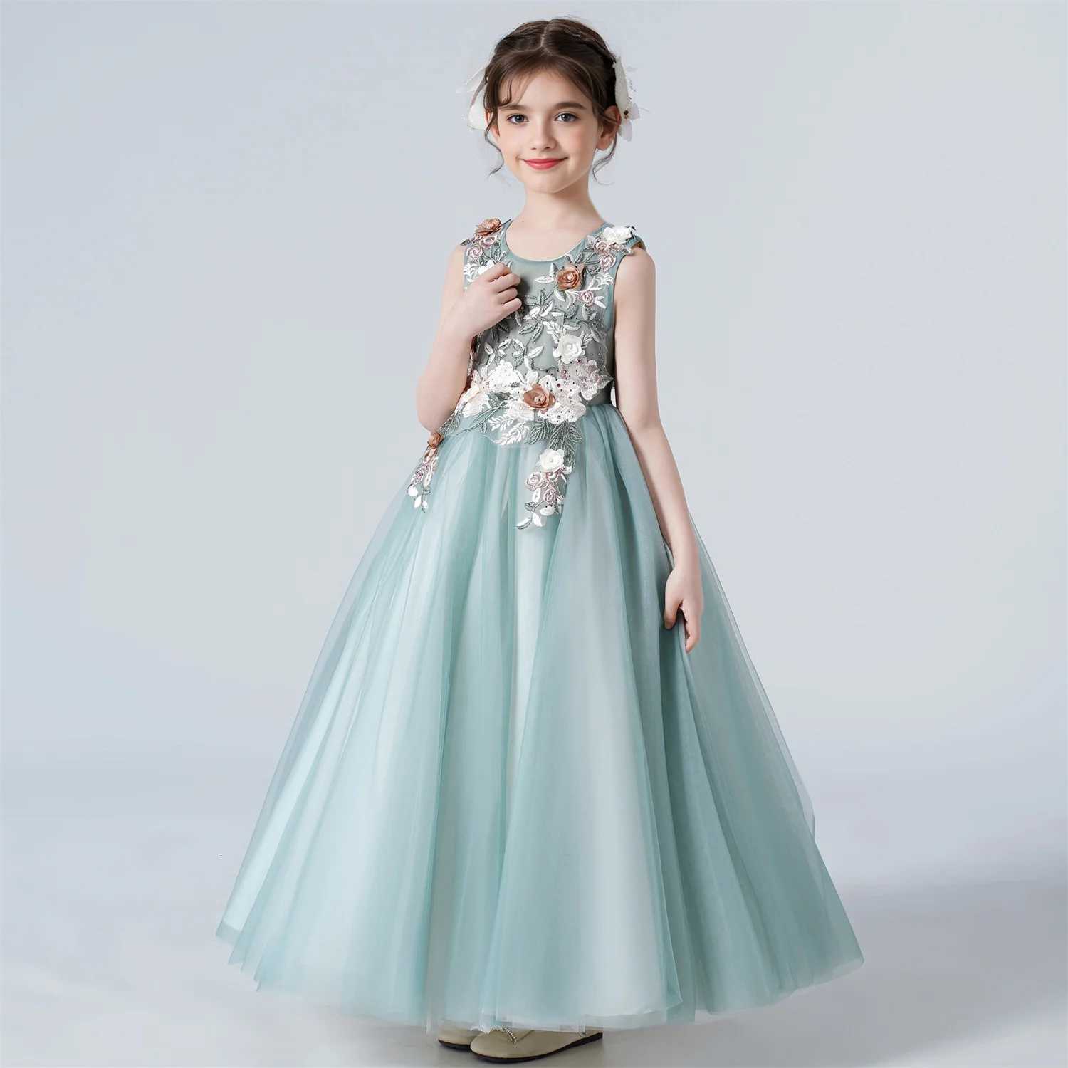 Childrens Girls Dresses For Eid Luxury Party Princess Dress 4-12 Years Old Kids Girl Long Dress Robe Tulle Green Clothing Z250904