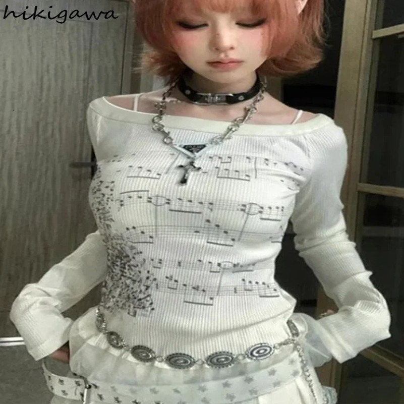 Punk T Shirts for Women Print Long Sleeve Tunic Tees Fashion Korean Camisetas Y2k Tops Slash Neck Casual Tshirts Ropa Mujer 250903