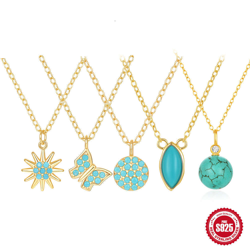 Fashion Niche Style S Pure Sier Butterfly Double Heart Water Drop Round Ball Turquoise Collarbone Necklace for Women