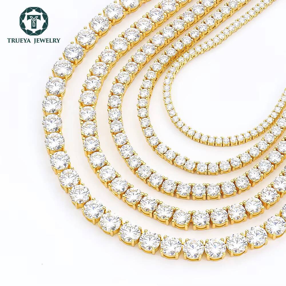 Hot Selling Hiphop Jewelry 26mm 925 Silver Yellow Gold Plated Tennis Link Chain Round Brilliant Cut Moissanite Necklace for Men