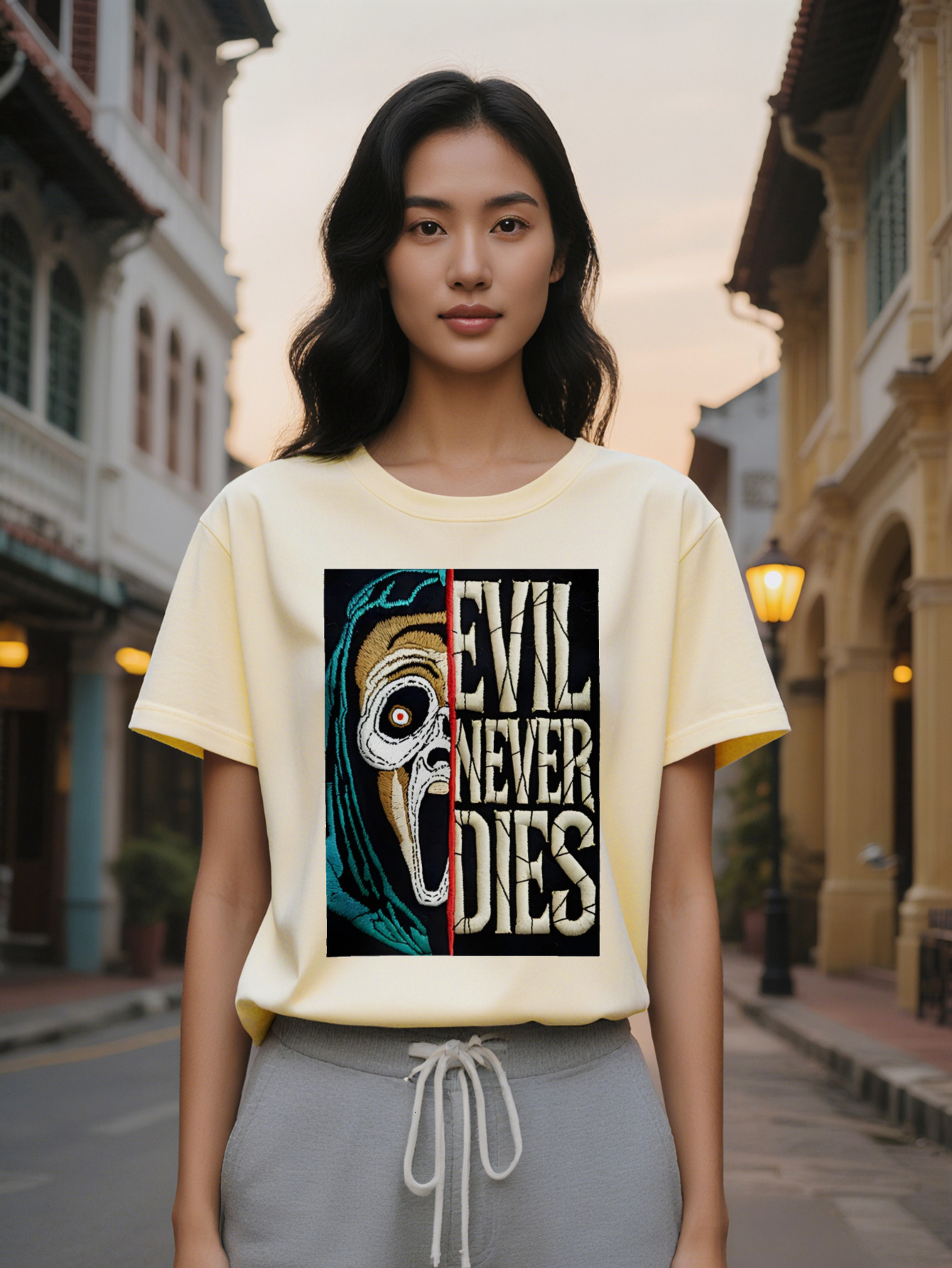 Large XL Casual Round Neck T-Shirt with Skull and Red Eyes Print, Women's Gift, Plus Size