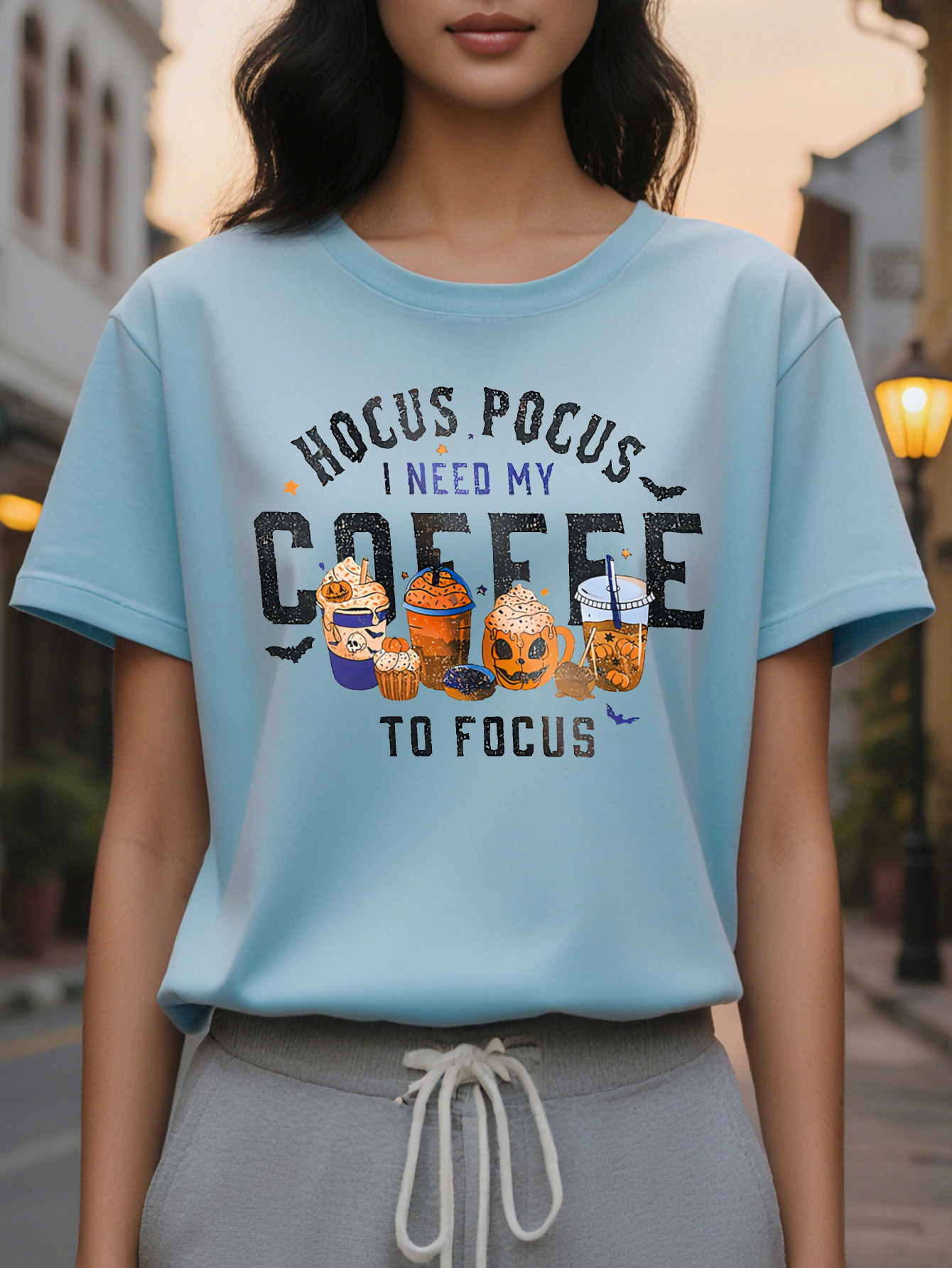 Women's Halloween Print T-Shirt Cute Hocus Pocus I Need My to Focus Graphic Semi Sheer Round Neck Casual Summer