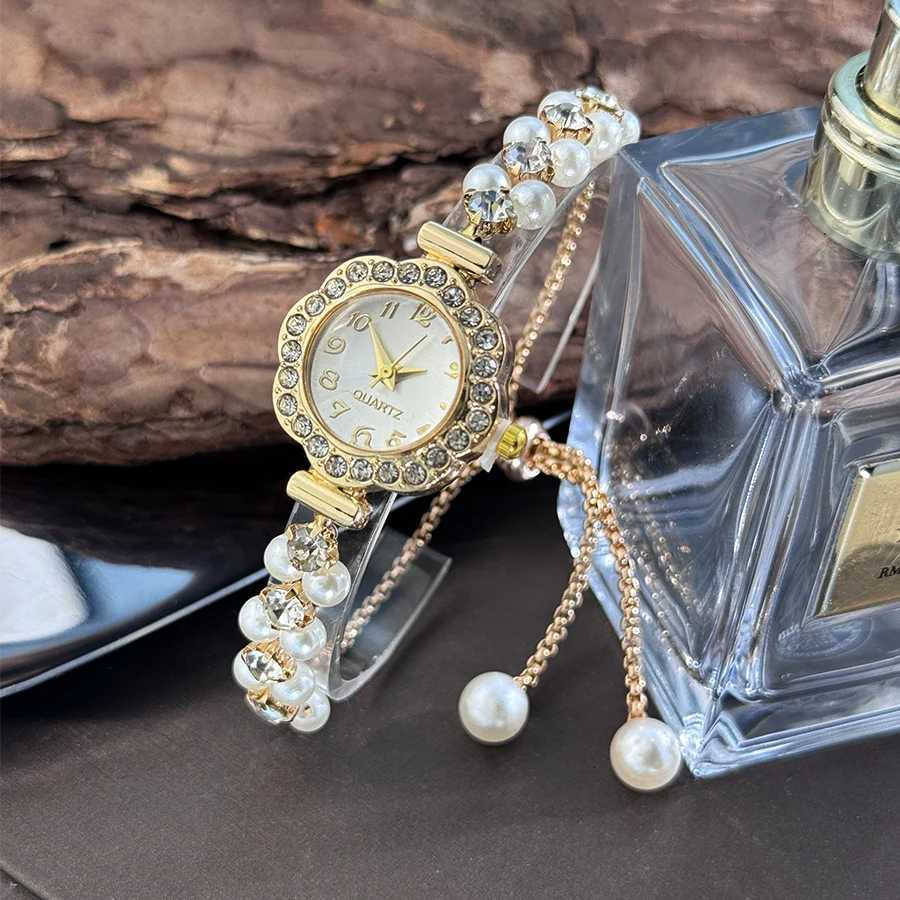 DoubleRow Pearl PlOpen Bracelet DiamondEncrusted Case Arabic Numeral Sc Ladies Quartz Watch X250904