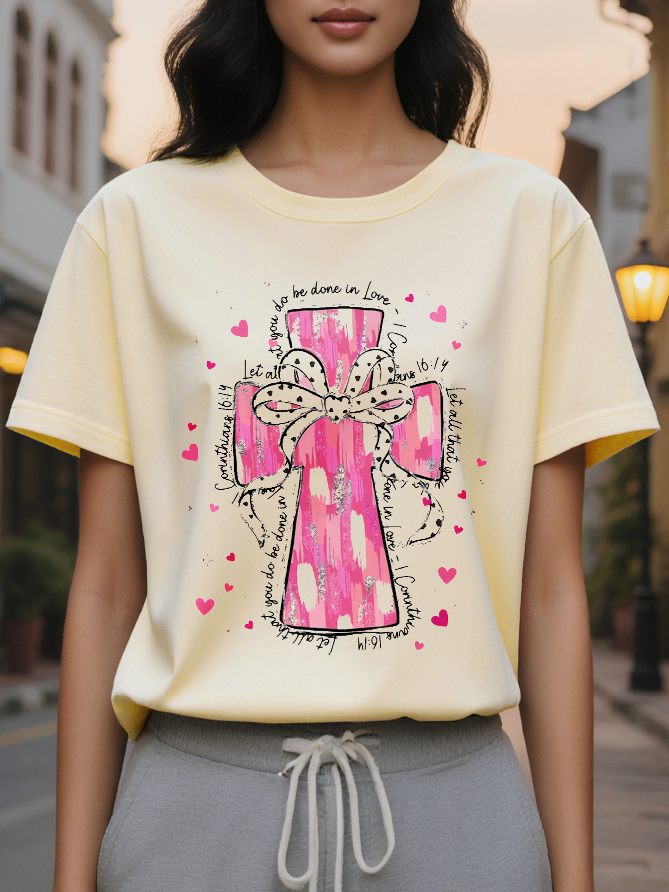 Women's Elegant Christian T-Shirt Short Sleeve Round Neck Regular Length Spring Summer Casual Top with Cross Design