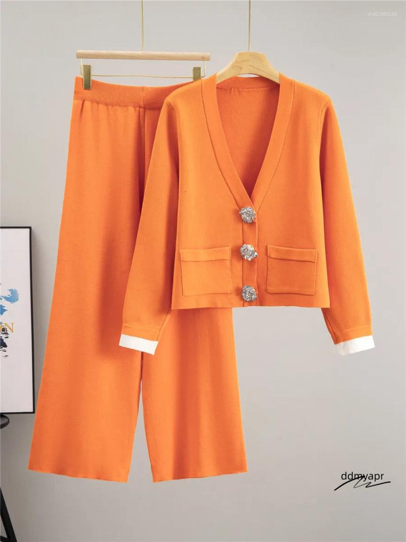 Women's Two Piece Pants Korean Design Knitted 2 Sets Women Big Button V-Neck Long Sleeve Ddmyday Cardigan Tops Conjuntos High Waist Wide Leg Outf