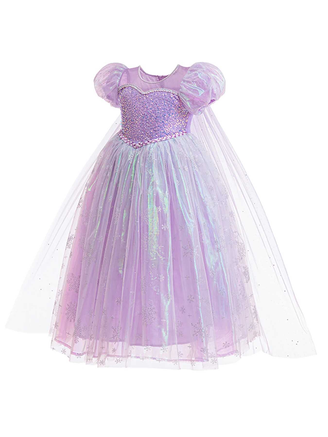 Elegant girl violet shiny tulle princess dress with puff sleeves round neck zipper closure perfect for parties and festivals. Z250904