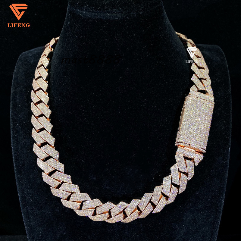 Miami Cuban 20mm 4 Rows Rose Gold Plated Vvs Diamond 925 Silver Iced Moissanite Cuban Link Chain for Men