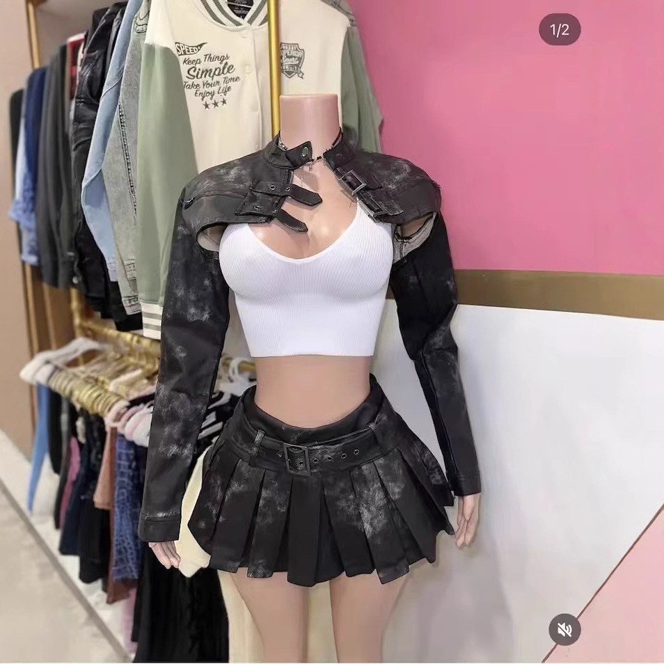FC1296 new spicy girl leather jacket dress set for women 241220