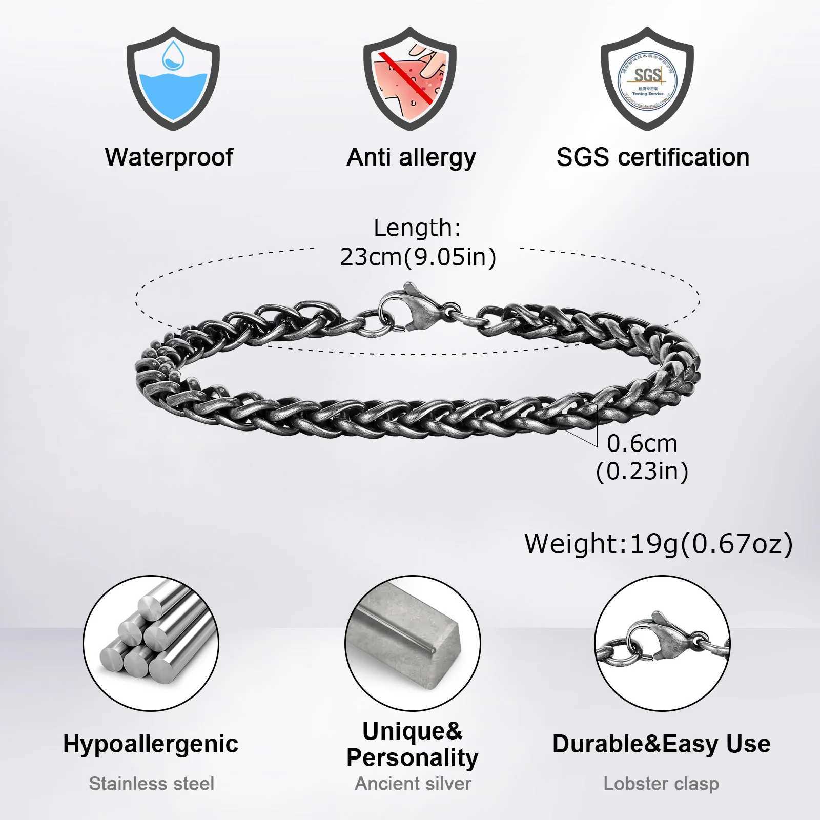 50pcs Retro Round Interlaced Cuban Link Chain Bracelets Mens Antique Stainless Steel Wristband Wheat Spike Chain Jewelry Y250904