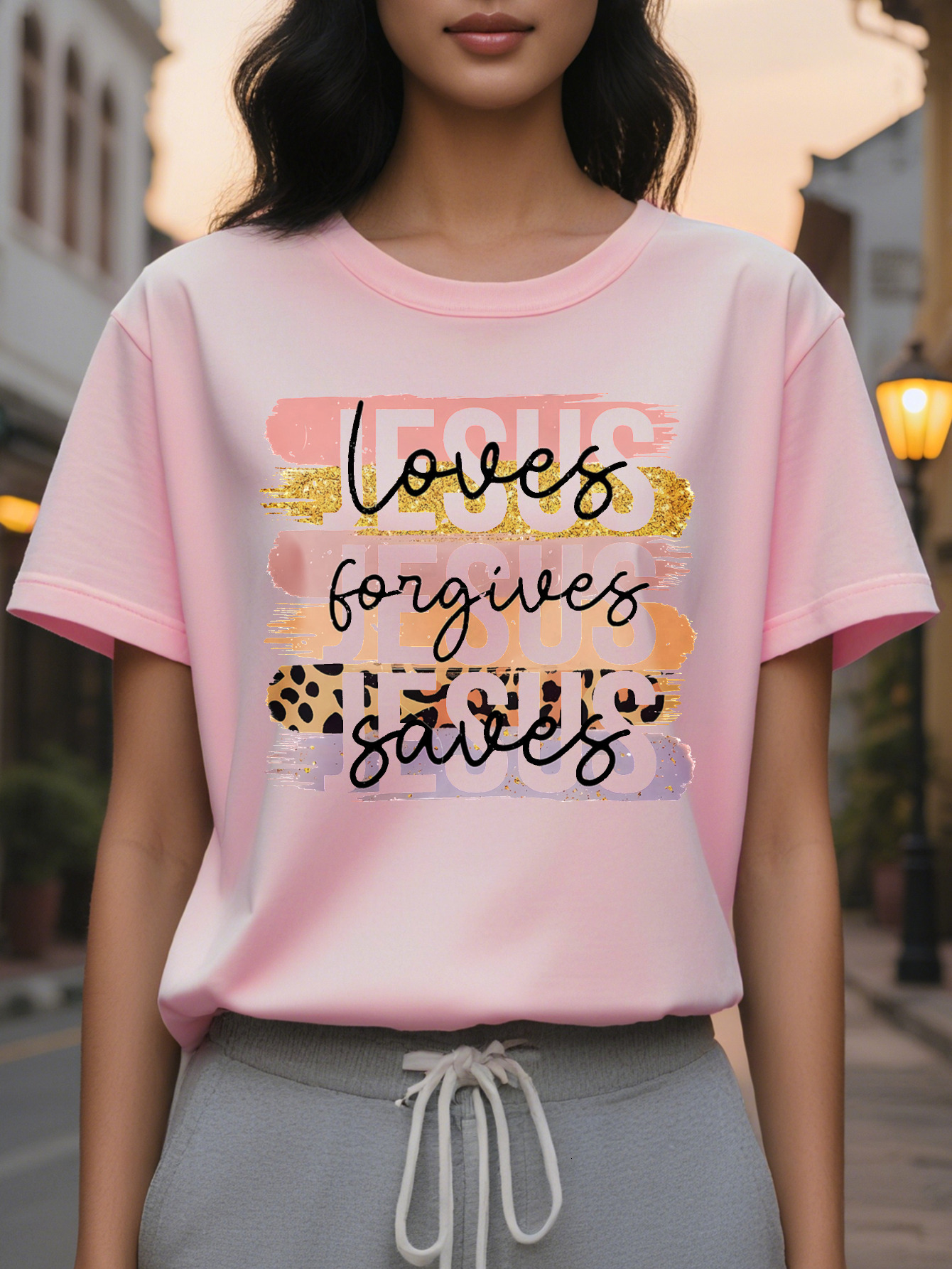 Fall in Love with Jesus Short Sleeve T-Shirt Round Neck Casual Top for Summer and Spring Women's Clothing Beautiful