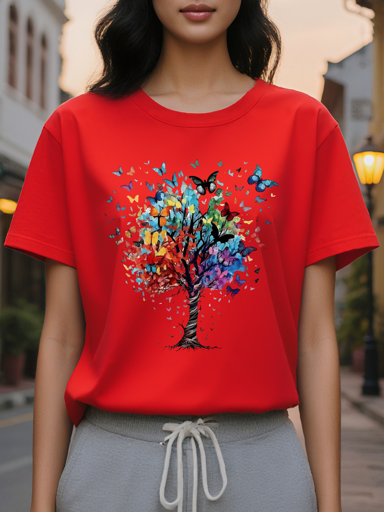 Butterfly pattern round neck short sleeve T-shirt suitable for spring and summer casual women's clothing