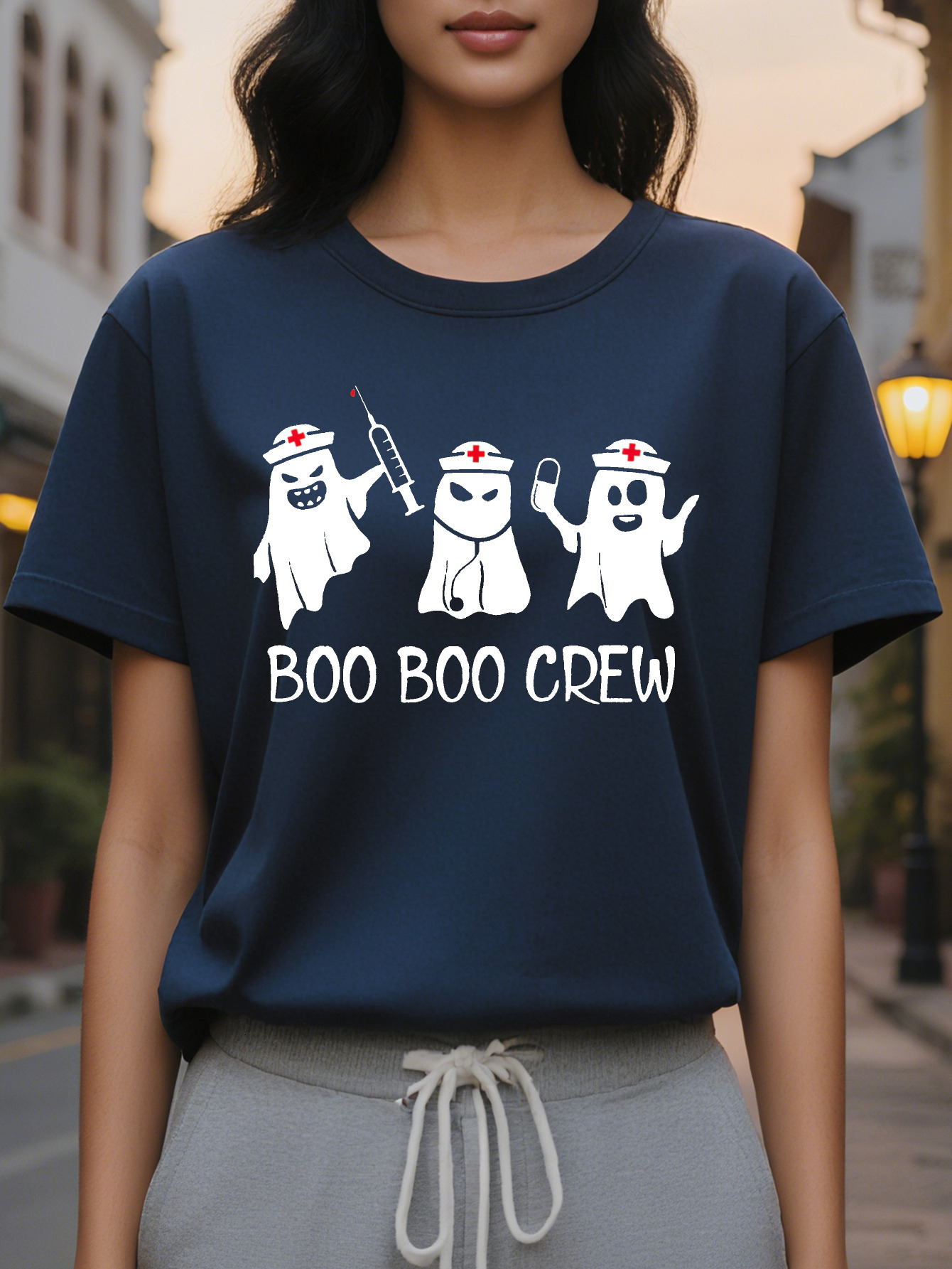 Large XL Women S Nurse Graphic T-Shirt Playful Ghosts BOO Slogan Print Soft Round Neck Tee for SpringSummer Comfortable Plus Size