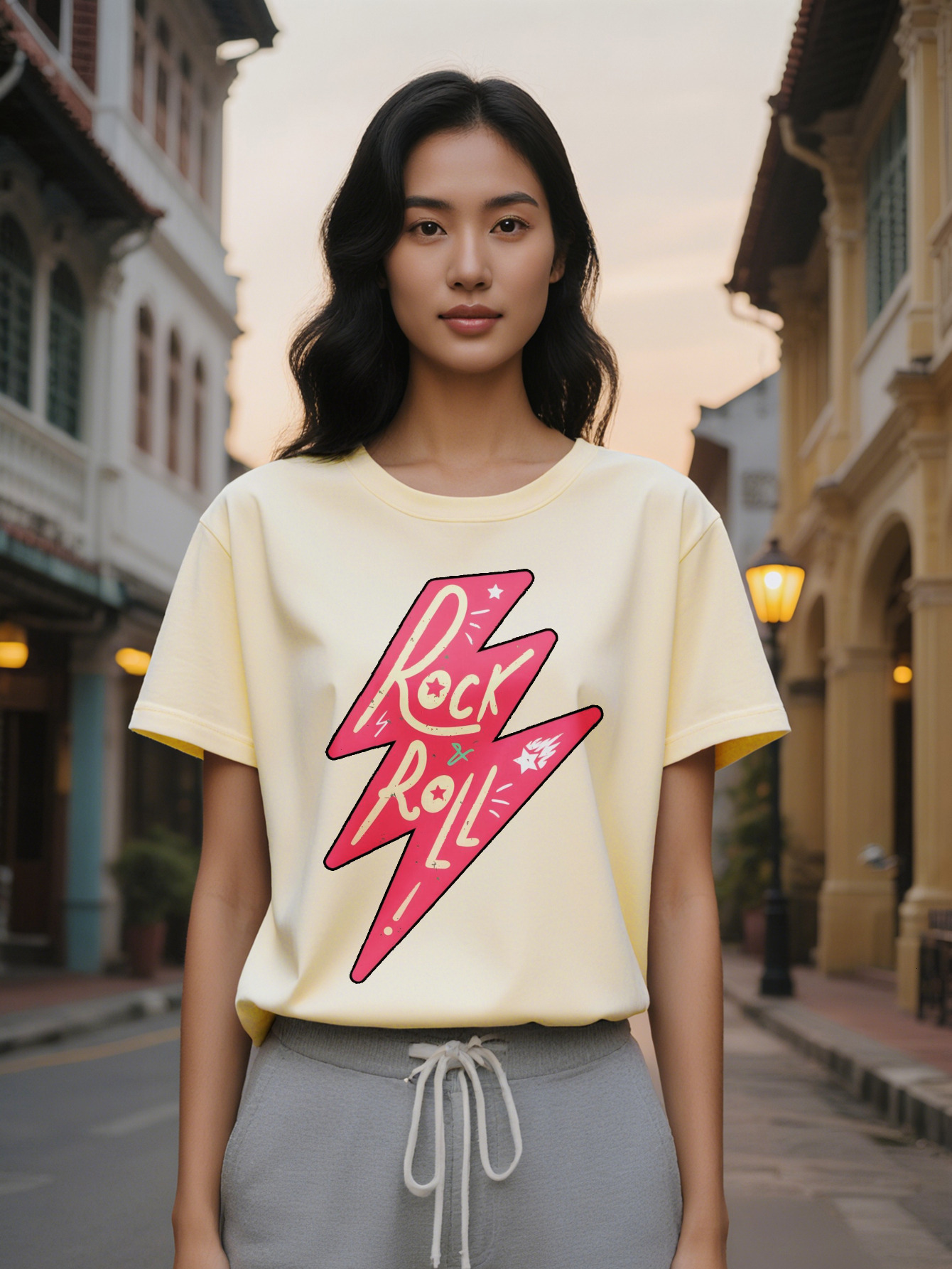 Large XL Women's Casual Crew Neck T-Shirt Vintage Band Print Summer Knit Top Regular Fit Slight Stretch Pure Cotton Ideal Plus Size