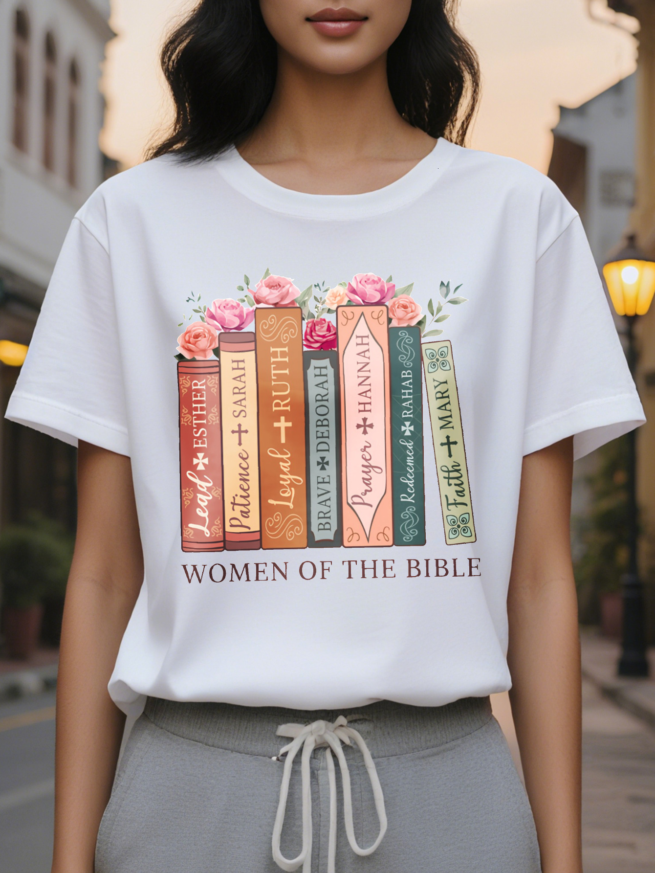 Large XL Pink Cotton Women's Inspirational Women of the Bible Floral Graphic Tee Casual Round Neck Short Sleeve T-Shirt with Book Plus Size
