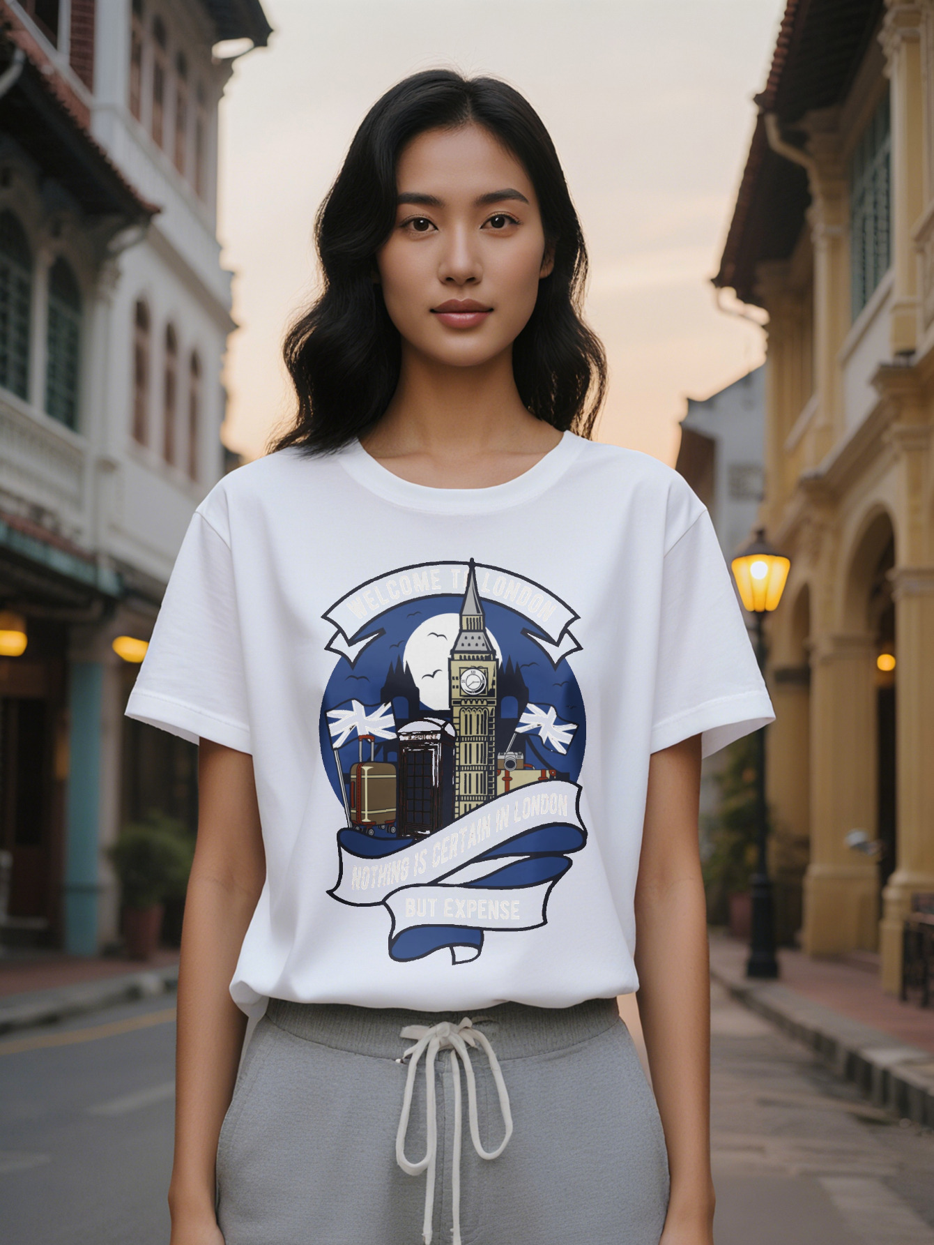 Lady Casual Crew Neck T-Shirt with Big Ben Skyline Print Welcome to London Graphic Tee Summer Wear Regular Fit