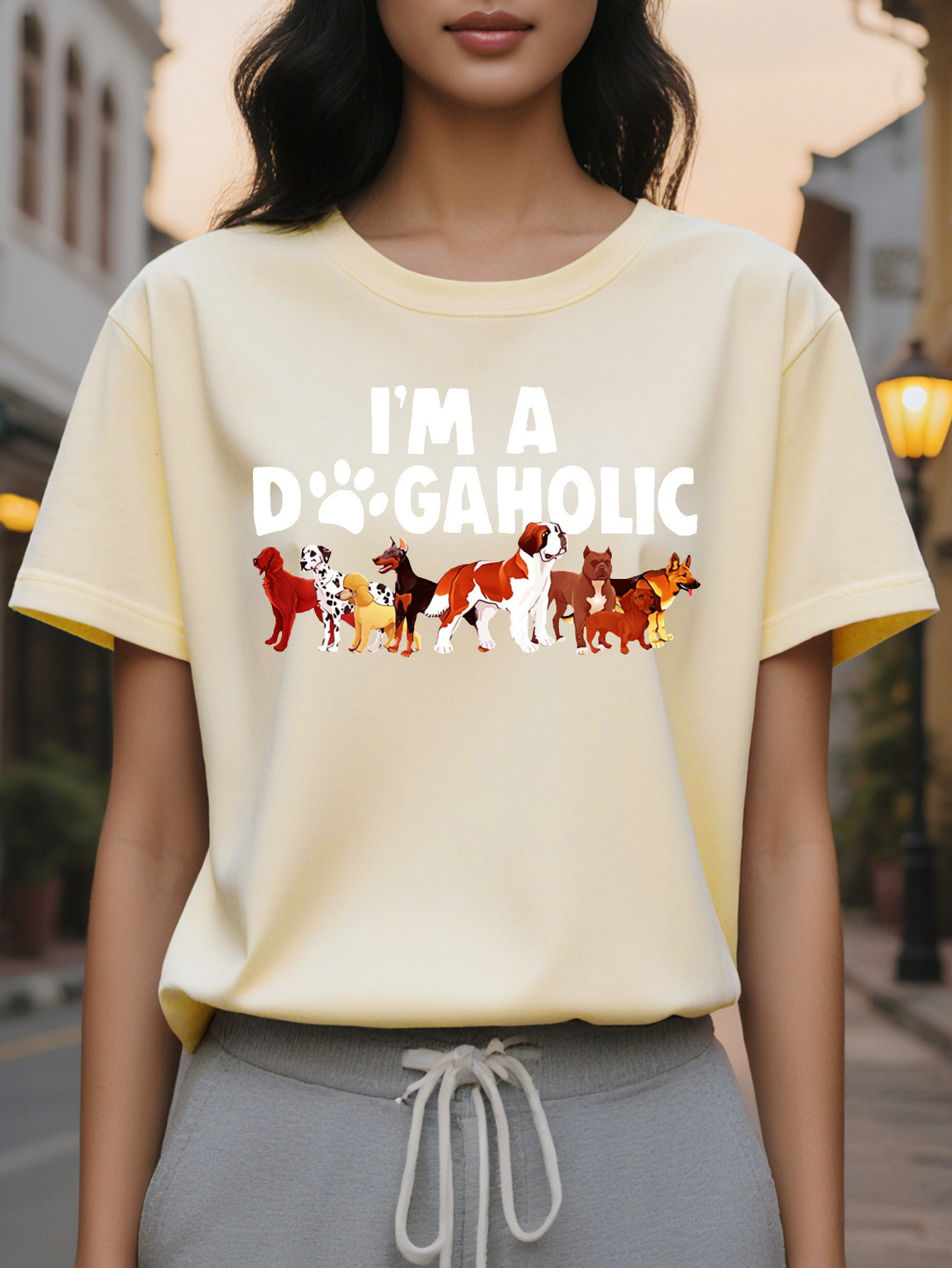 Short Sleeve Print Crew Neck I M A DOGAHOLIC T-Shirt Casual Women's Clothing for Spring Summer