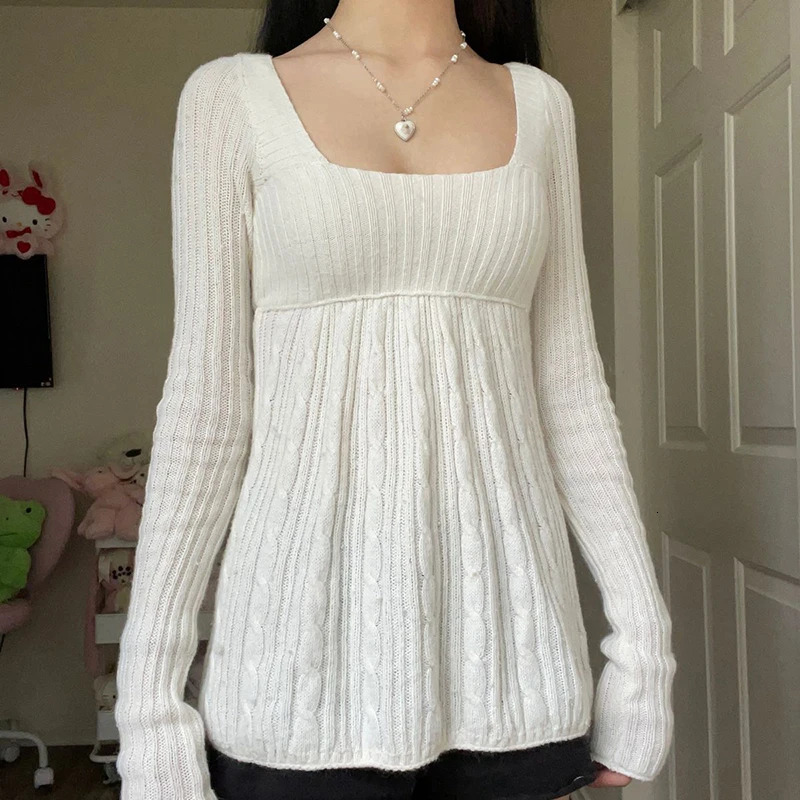 Vintage Babydoll Tops Pullovers Lady Aesthetic Coquette Knit Sweaters Outfit Autumn Square Neck Long Sleeve Knitwear Jumpers Y2k250903