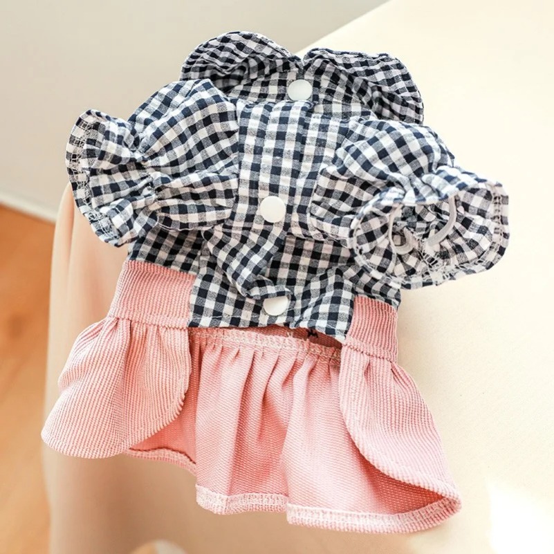 Dog Clothes Black Button Plaid Dress For Small Medium Dogs Cat Spring Summer Pet Clothing Dog Costume Supplies Skirt