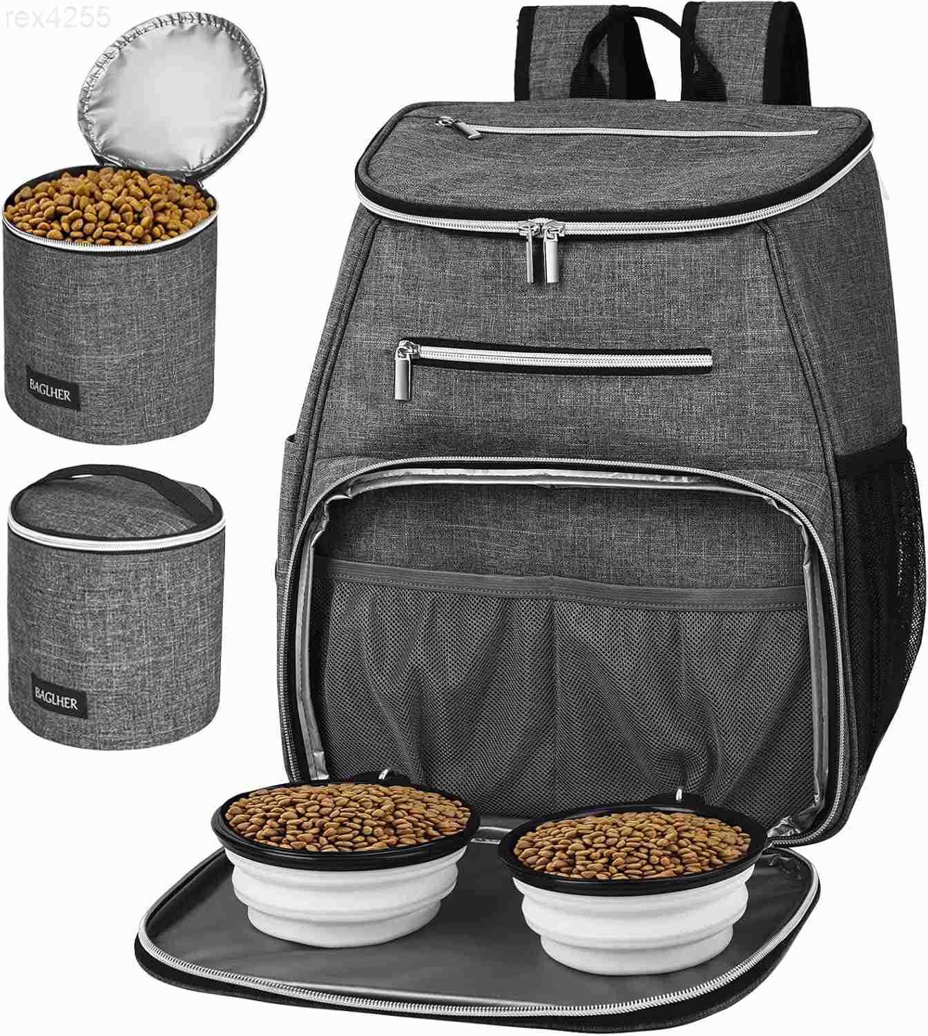 Dog Travel Bag Backpack Airline Approved Pet Supplies Backpack Dog Travel Backpack with 2 Silicone Collapsible Bowls and 2 Food Baskets GreyW250904