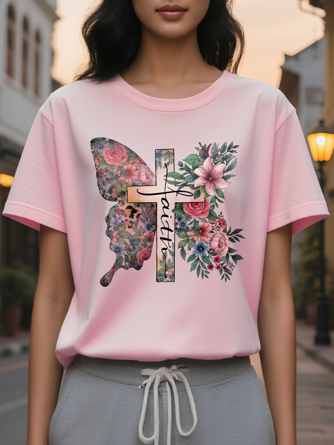 Butterfly and Cross Print Short Sleeve T-Shirt Round Neck Casual Summer Spring Top Women's Clothing