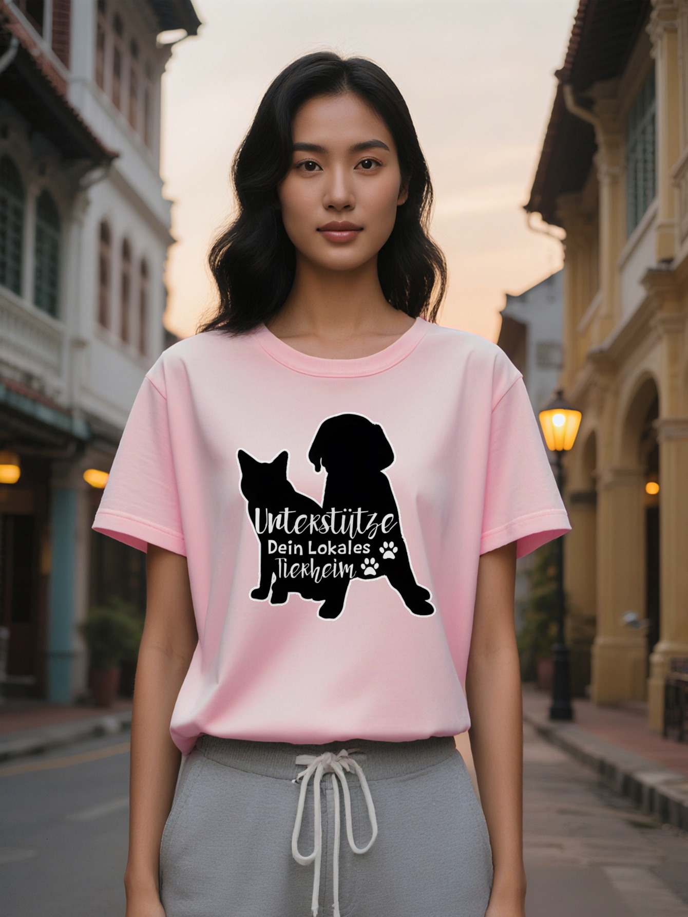 Large XL Women's Casual Crew Neck T-Shirt with Silhouette of Cat and Dog Understripe Print Black Summer Fashion Perfect Gift Plus Size