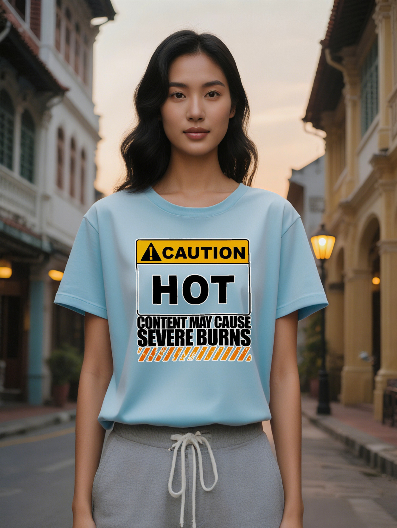 Large XL Women's Crew Neck T-Shirt with Orange Triangle Exclamation Print HOT Content May Cause Severe Burns Design Black Plus Size