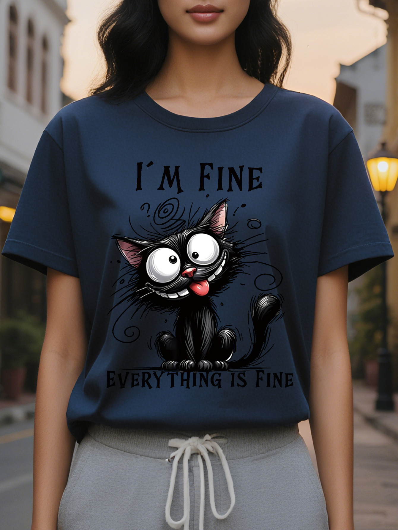 Large XL Humorous Casual Women's T-Shirt Light Yellow Short Sleeve I'm Everything Is Fine Graphic Print Crew Neck Summer Fit Plus Size