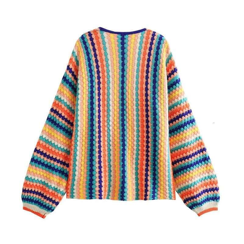 Women's Clothing 2024 Autumn Ethnic Style Contrast Color Hook Flower Colorful Striped Knitted Loose Cardigan Sweater 8Ls2768